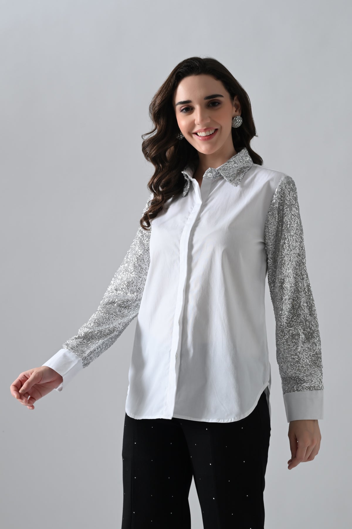 White Cotton Shirt with Silver Shimmer Collar and Sleeves