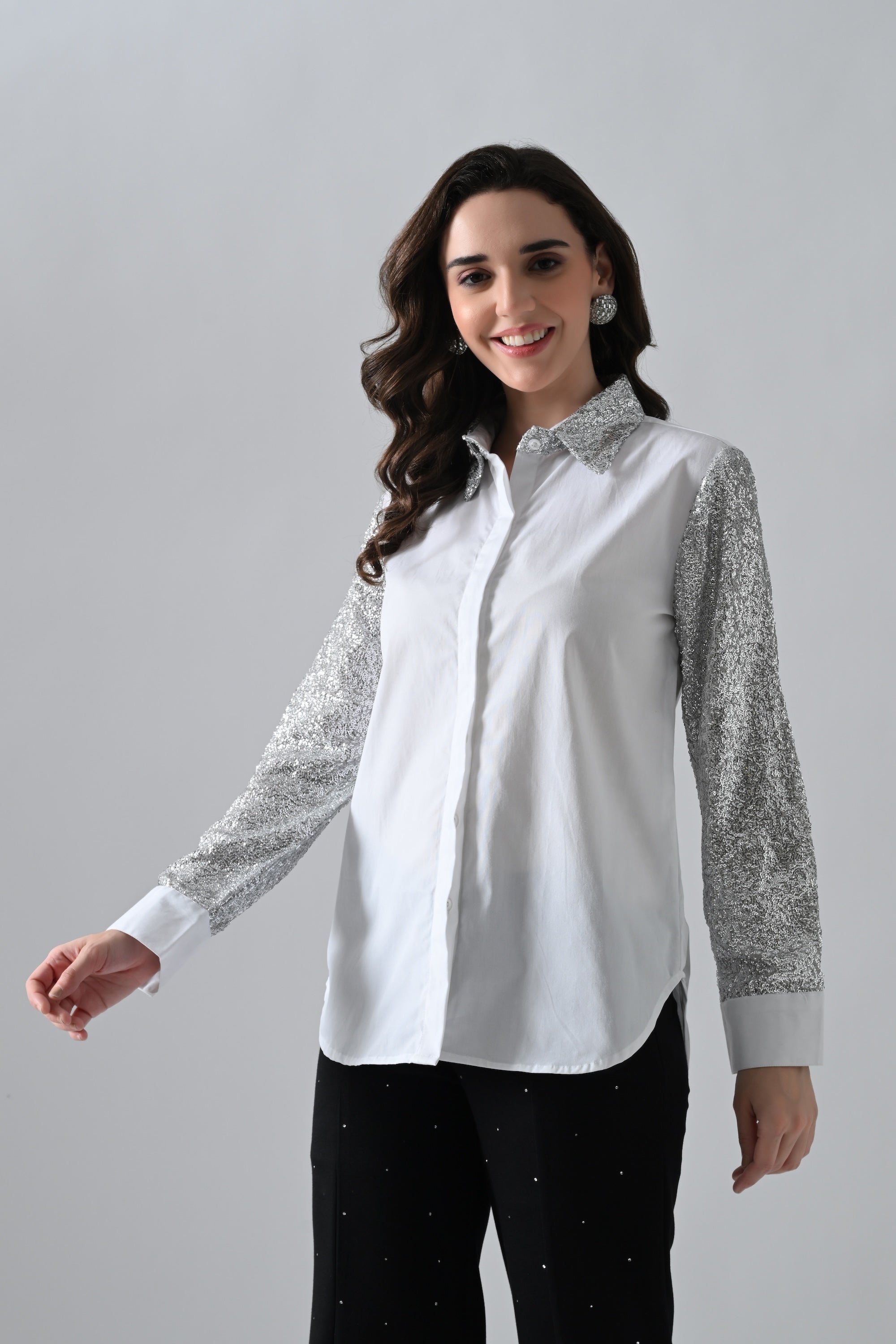 White Cotton Shirt with Silver Shimmer Collar and Sleeves