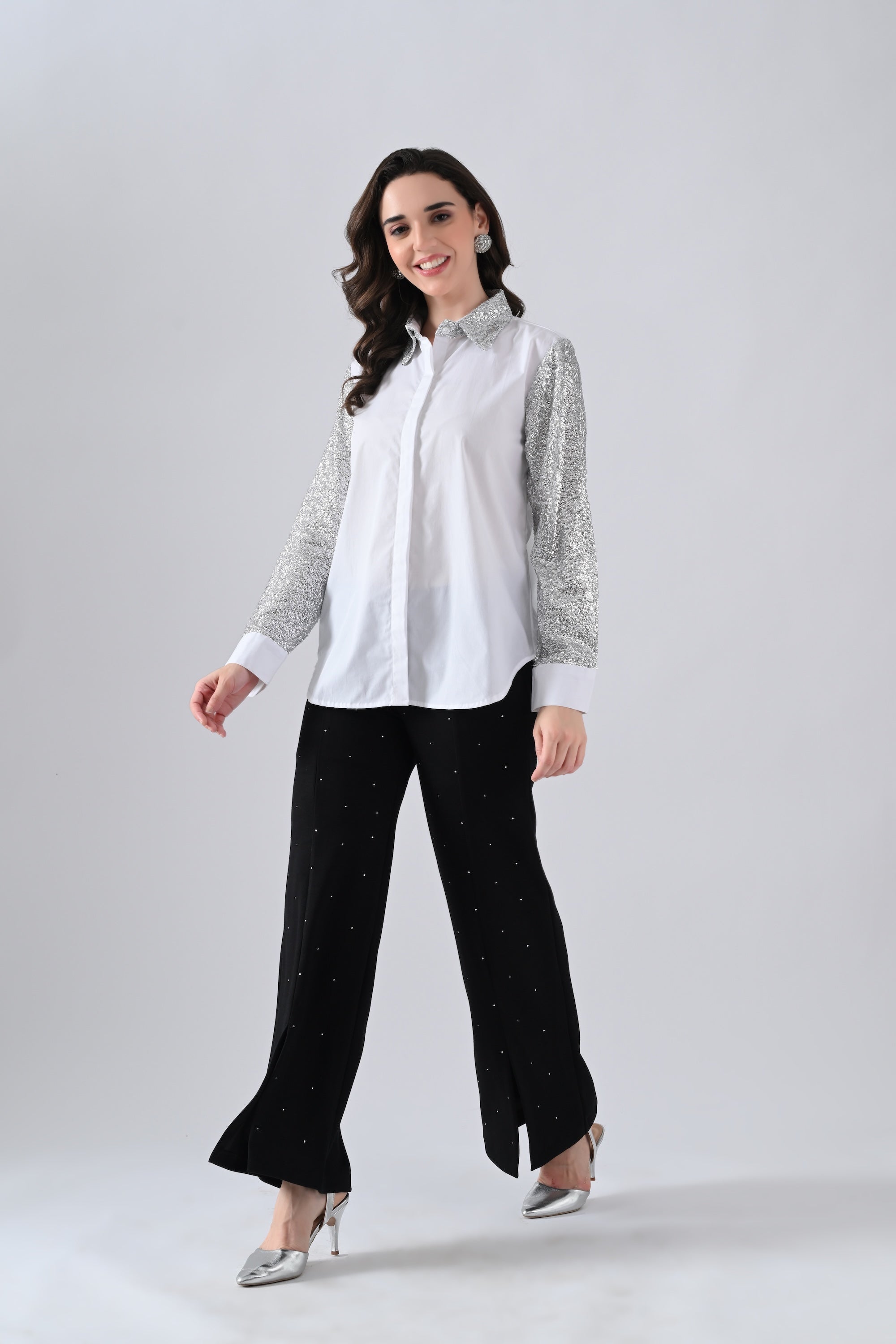 White Cotton Shirt with Silver Shimmer Collar and Sleeves