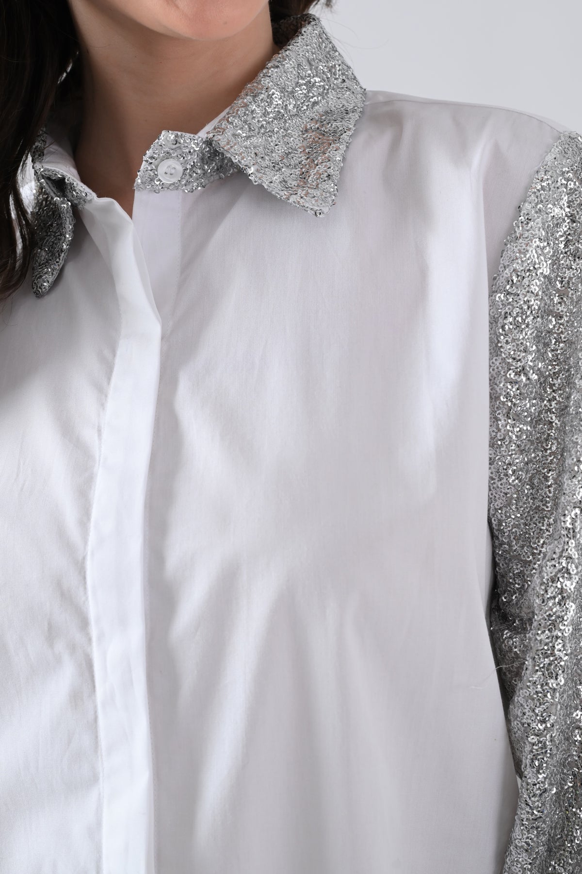 White Cotton Shirt with Silver Shimmer Collar and Sleeves