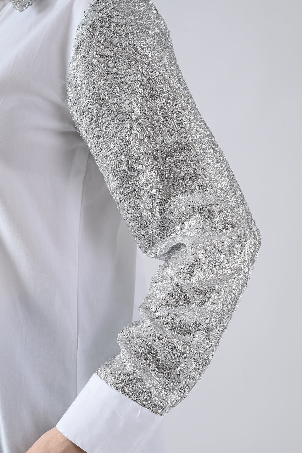 White Cotton Shirt with Silver Shimmer Collar and Sleeves