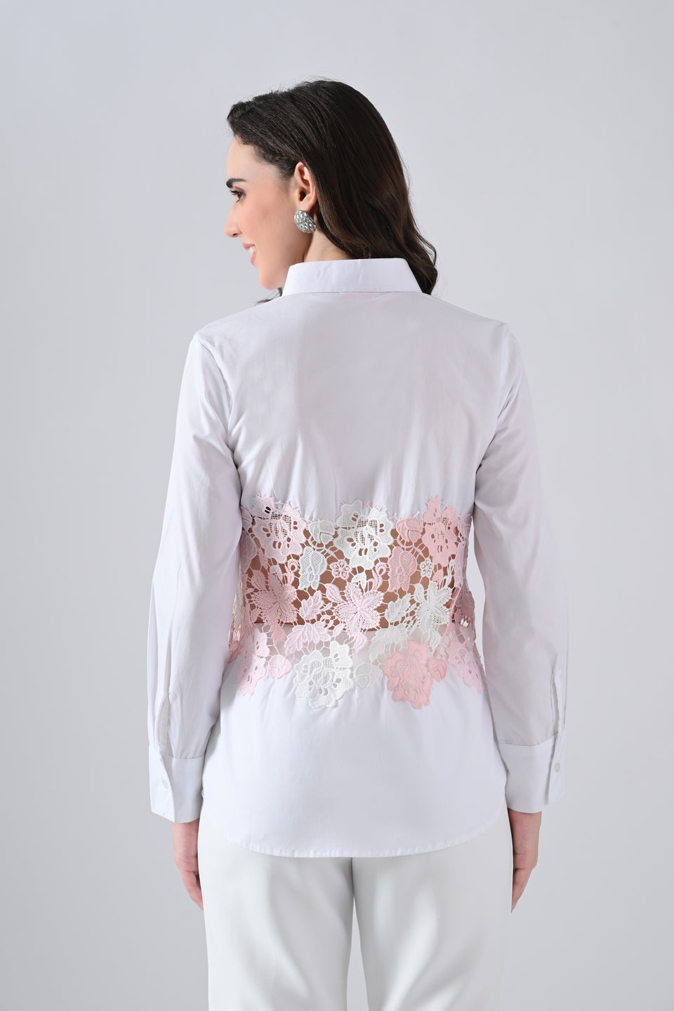 White Cotton Shirt with Pink Floral Lace Detailing on Waist