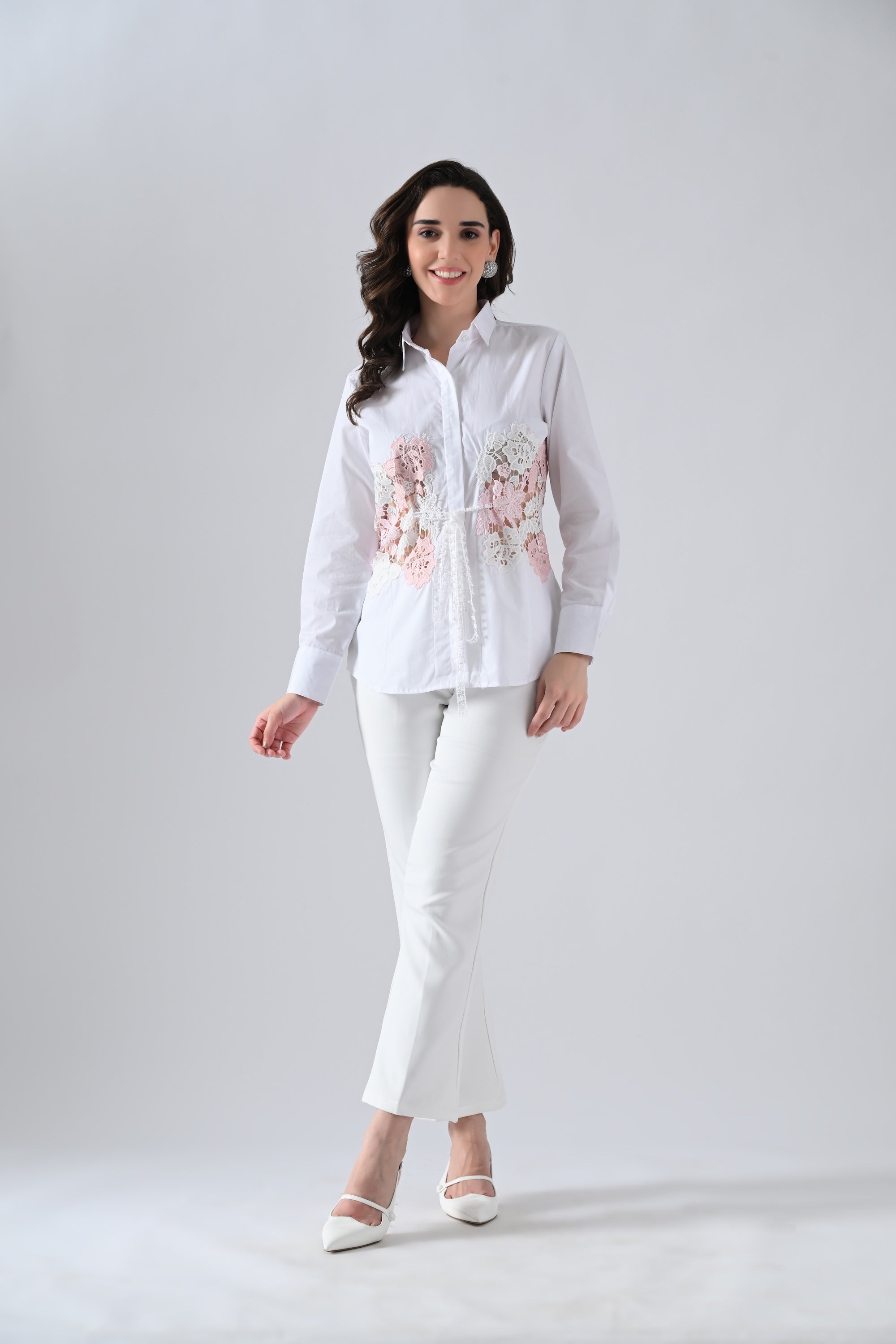 White Cotton Shirt with Pink Floral Lace Detailing on Waist