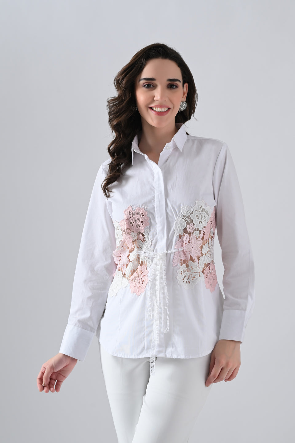 White Cotton Shirt with Pink Floral Lace Detailing on Waist