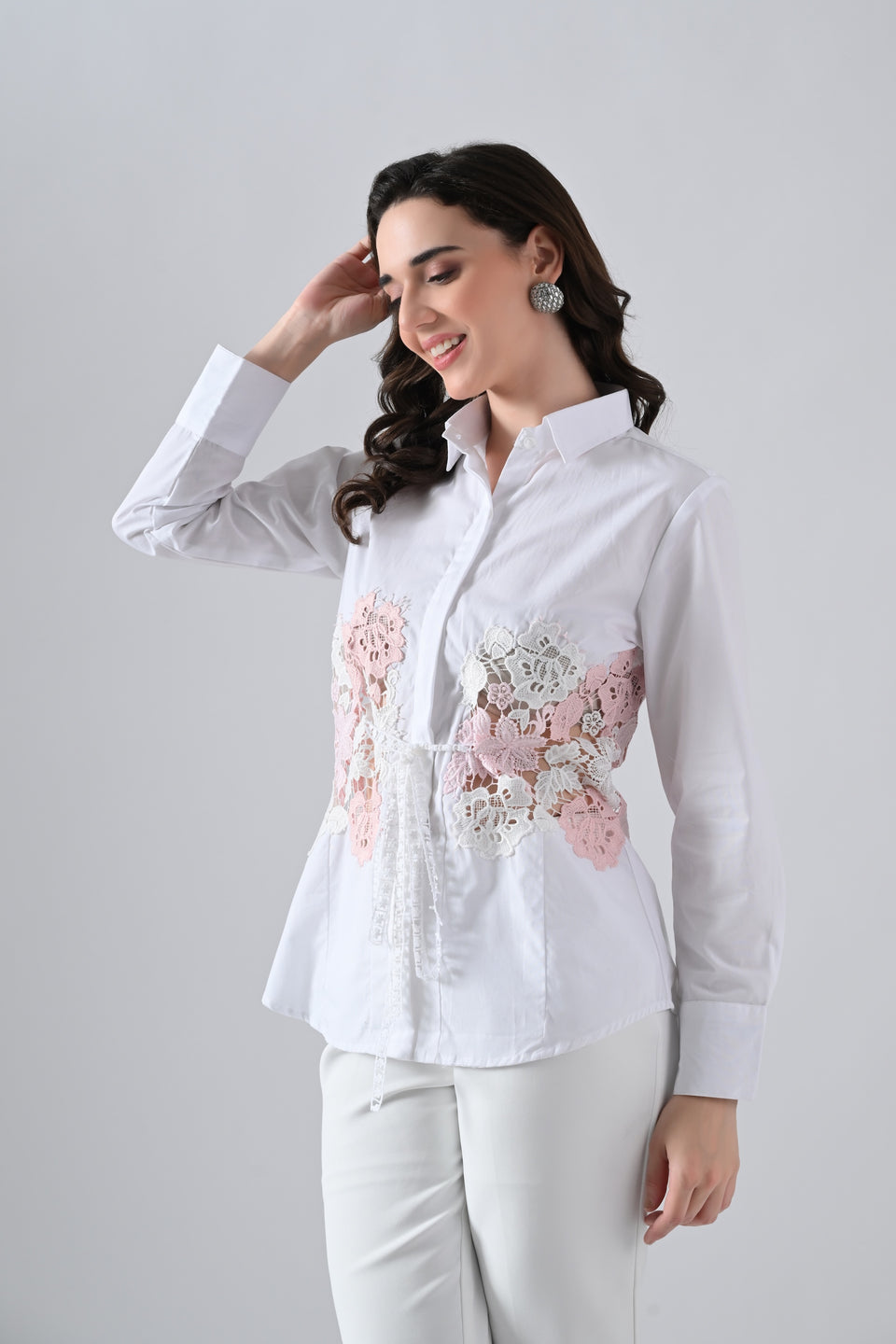 White Cotton Shirt with Pink Floral Lace Detailing on Waist