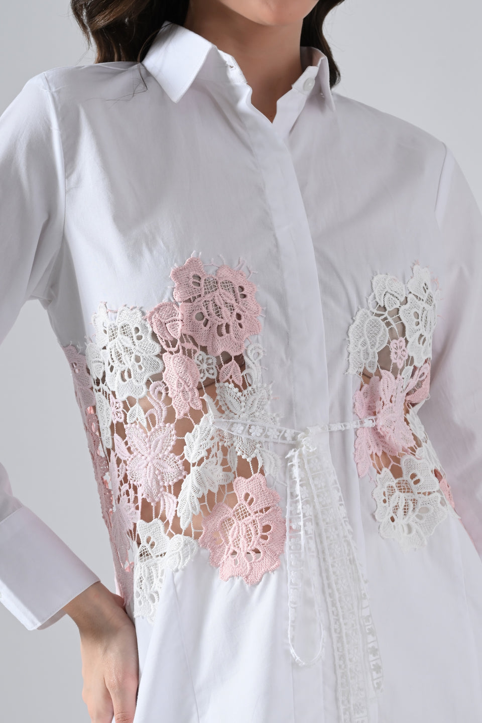 White Cotton Shirt with Pink Floral Lace Detailing on Waist