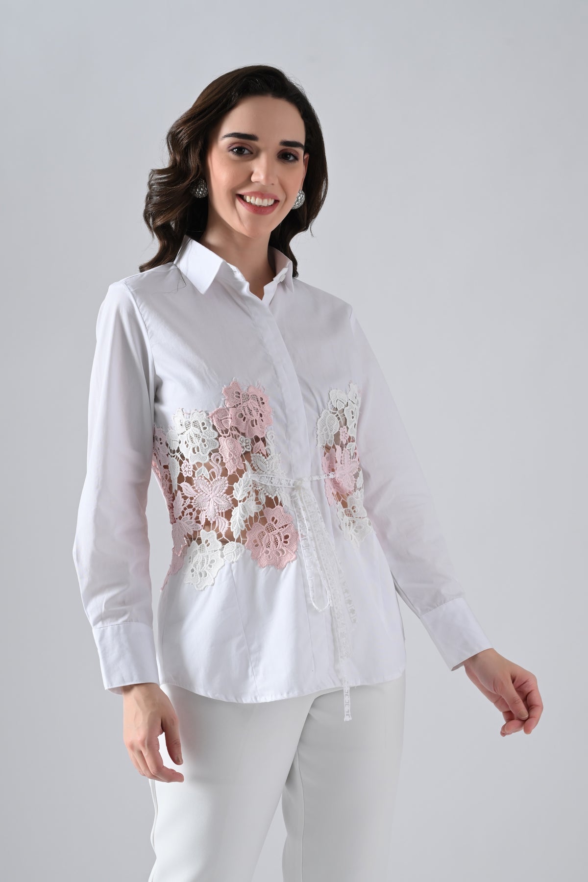 White Cotton Shirt with Pink Floral Lace Detailing on Waist