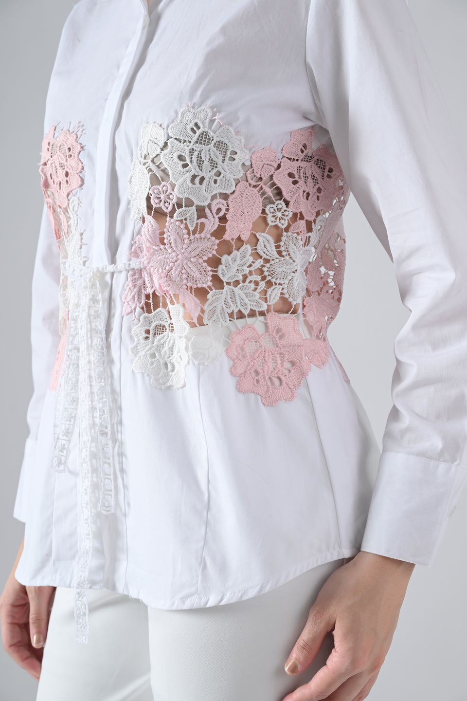 White Cotton Shirt with Pink Floral Lace Detailing on Waist