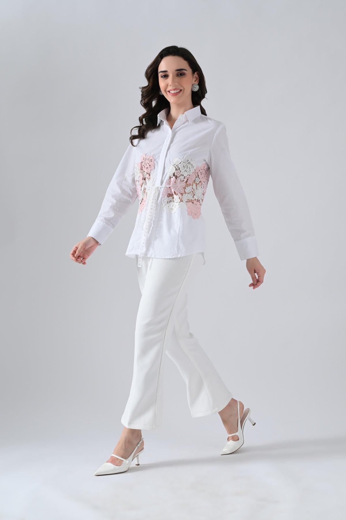 White Cotton Shirt with Pink Floral Lace Detailing on Waist