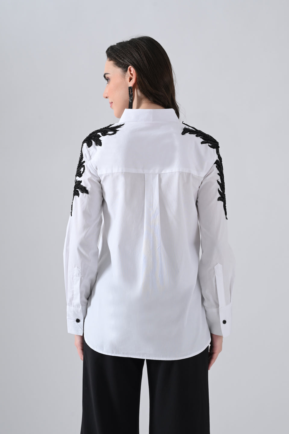 White Cotton Shirt with Floral Lace on Sleeves