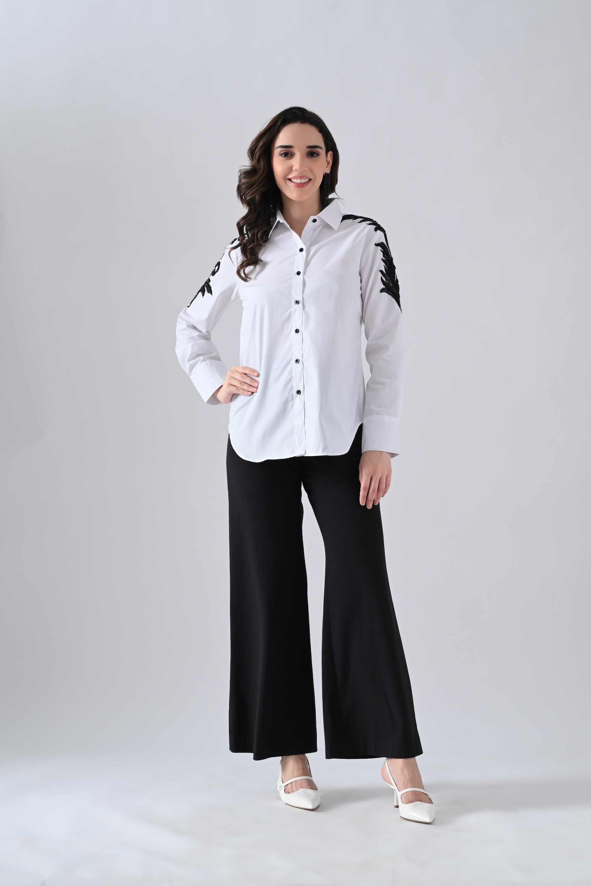 White Cotton Shirt with Floral Lace on Sleeves