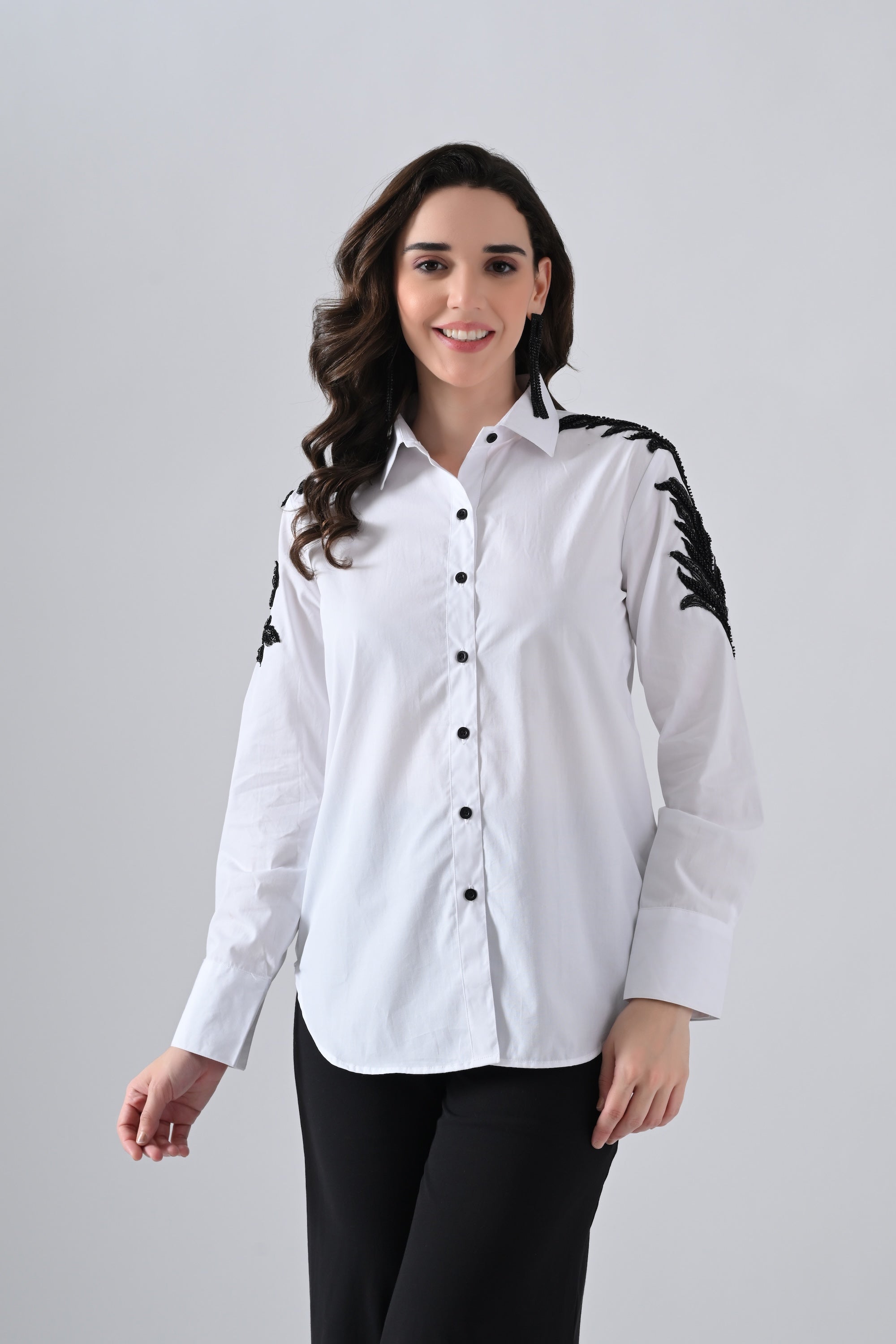 White Cotton Shirt with Floral Lace on Sleeves