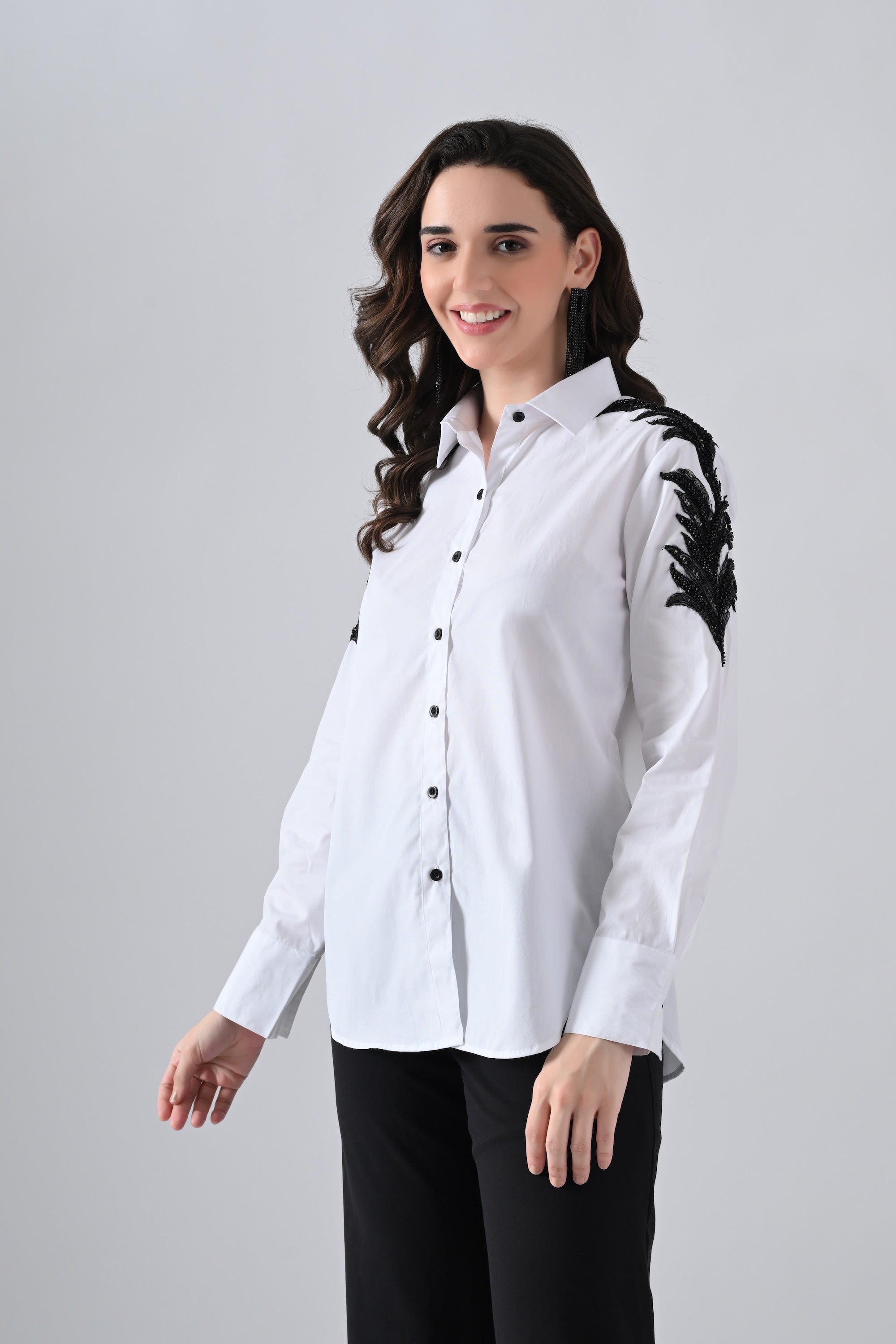 White Cotton Shirt with Floral Lace on Sleeves