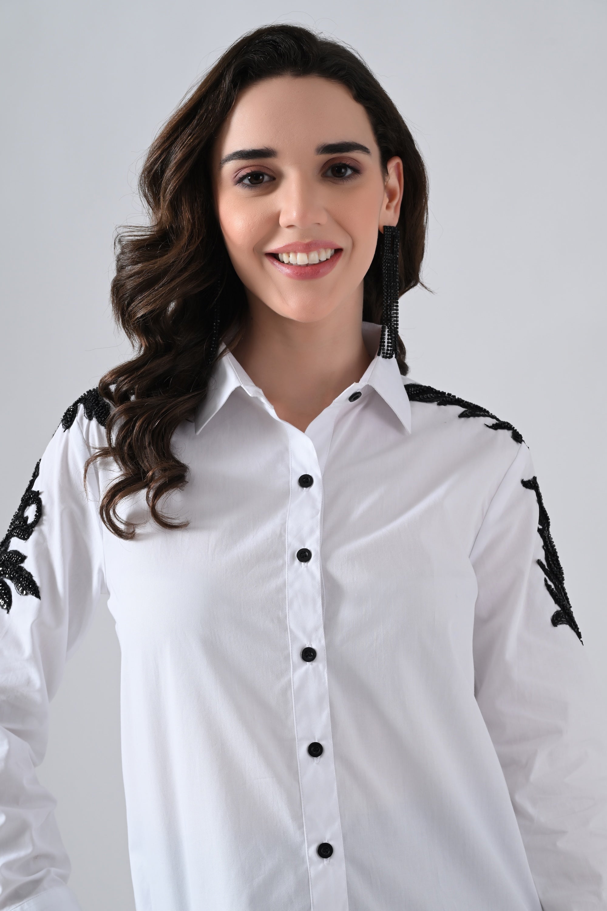 White Cotton Shirt with Floral Lace on Sleeves