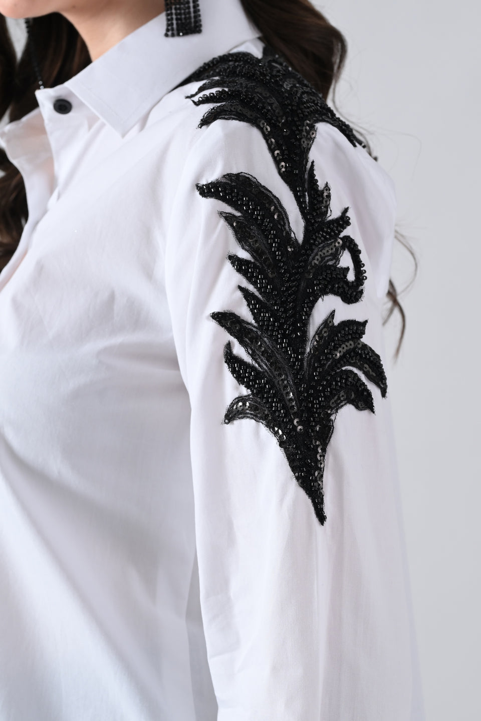 White Cotton Shirt with Floral Lace on Sleeves