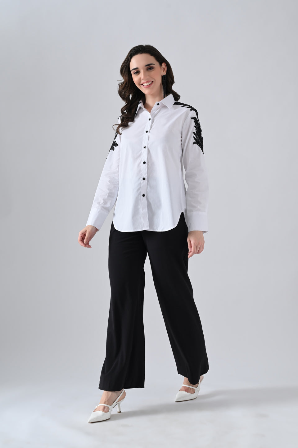 White Cotton Shirt with Floral Lace on Sleeves
