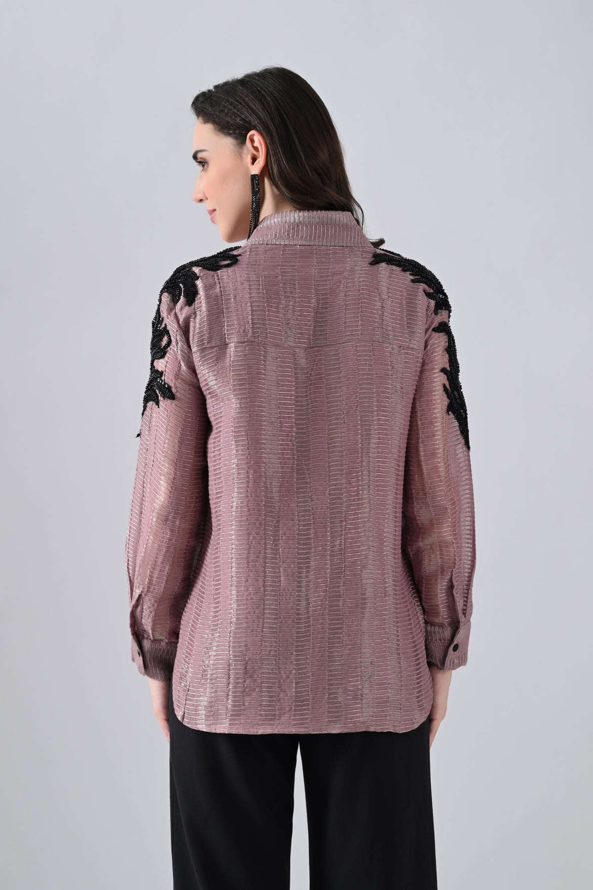 Wrinkled Salmon Pink Cotton Silk Shirt with Floral Motif on Sleeves