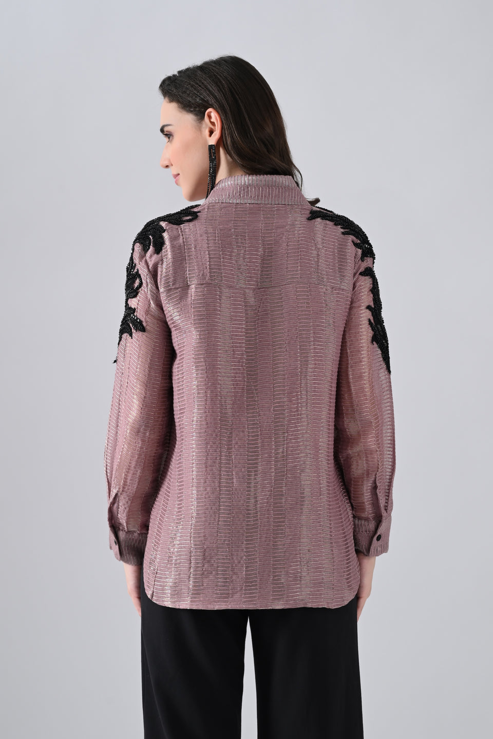 Wrinkled Salmon Pink Cotton Silk Shirt with Floral Motif on Sleeves