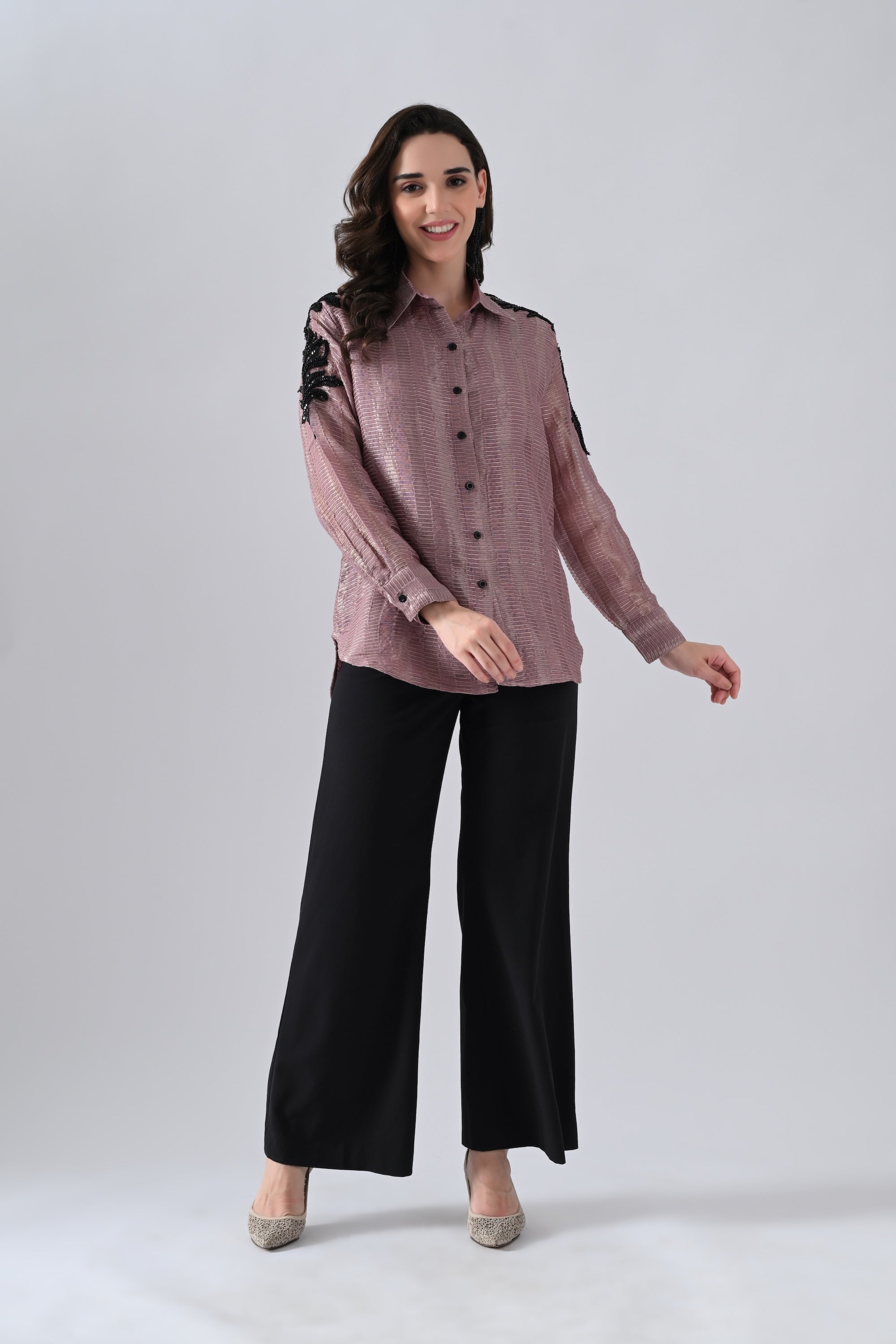 Wrinkled Salmon Pink Cotton Silk Shirt with Floral Motif on Sleeves