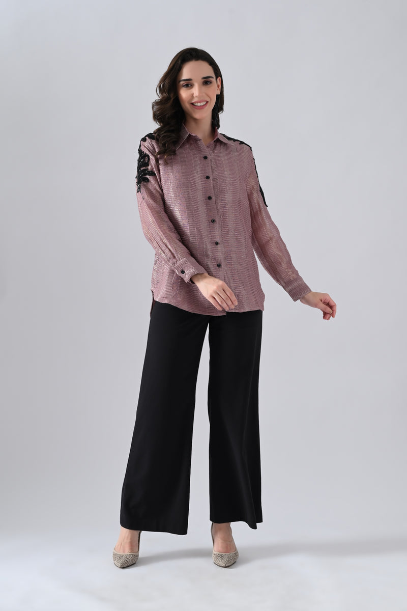 Wrinkled Salmon Pink Cotton Silk Shirt with Floral Motif on Sleeves
