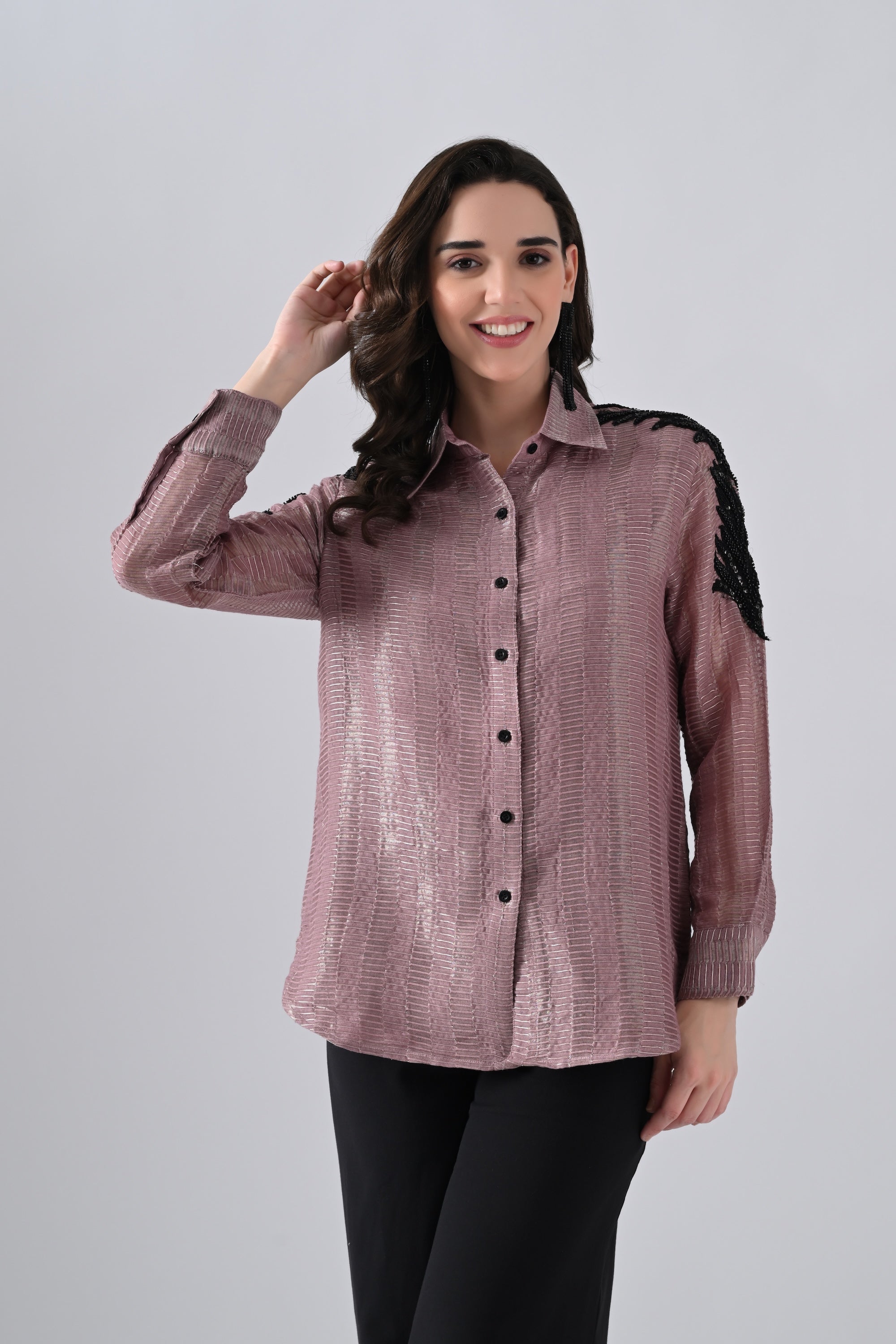 Wrinkled Salmon Pink Cotton Silk Shirt with Floral Motif on Sleeves