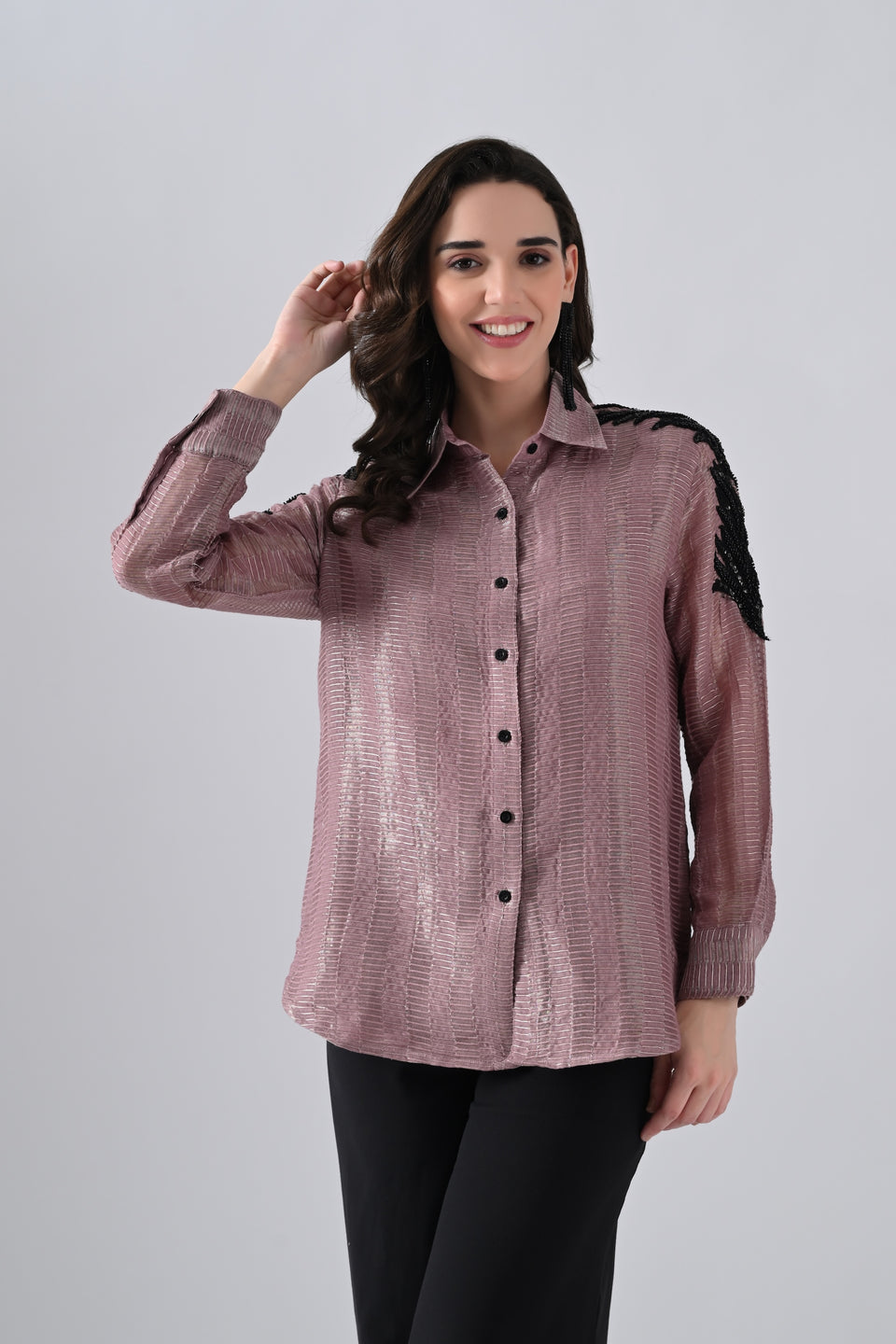 Wrinkled Salmon Pink Cotton Silk Shirt with Floral Motif on Sleeves
