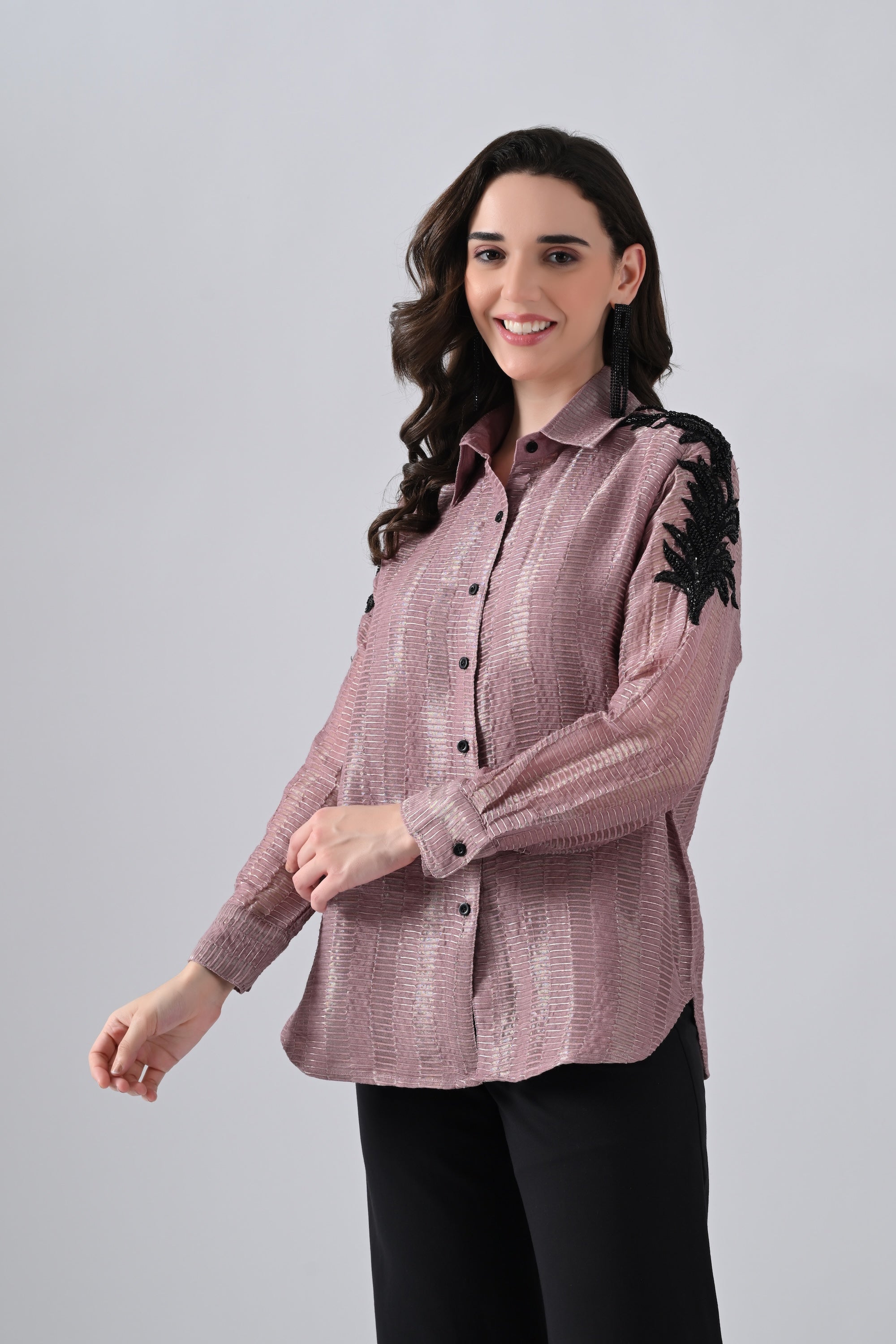 Wrinkled Salmon Pink Cotton Silk Shirt with Floral Motif on Sleeves