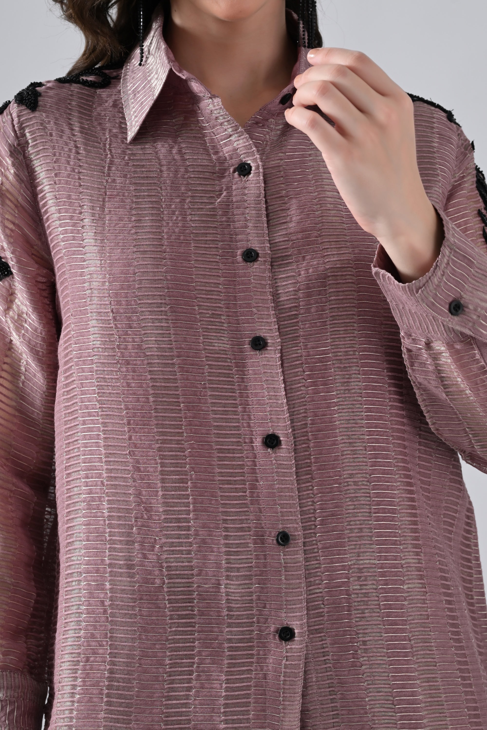 Wrinkled Salmon Pink Cotton Silk Shirt with Floral Motif on Sleeves
