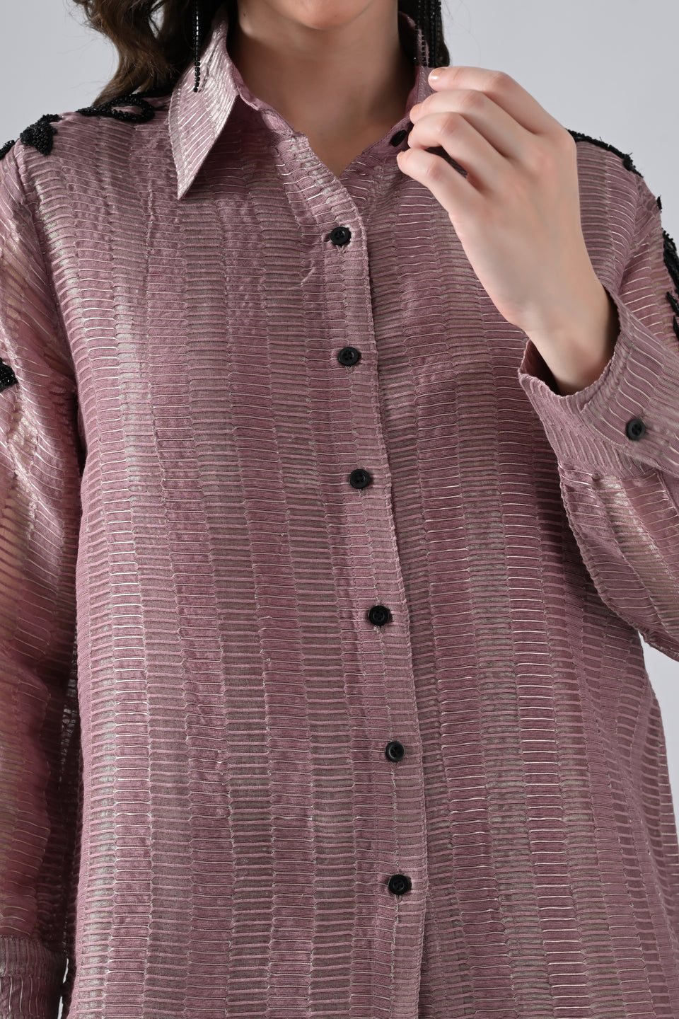 Wrinkled Salmon Pink Cotton Silk Shirt with Floral Motif on Sleeves