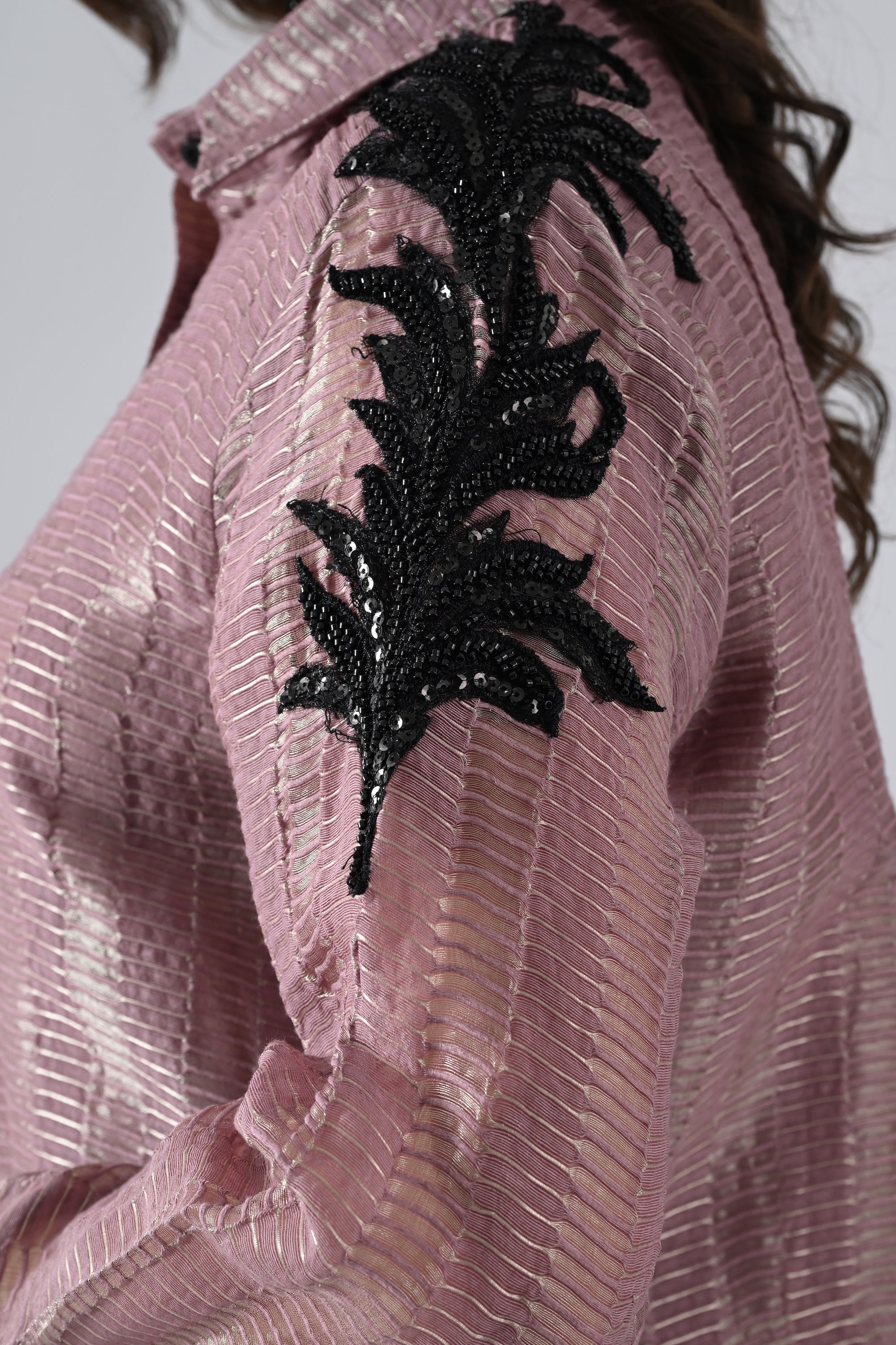 Wrinkled Salmon Pink Cotton Silk Shirt with Floral Motif on Sleeves