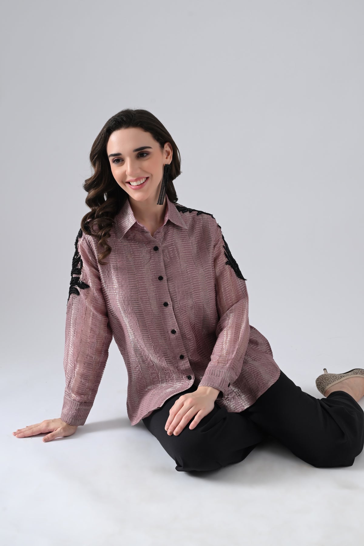 Wrinkled Salmon Pink Cotton Silk Shirt with Floral Motif on Sleeves