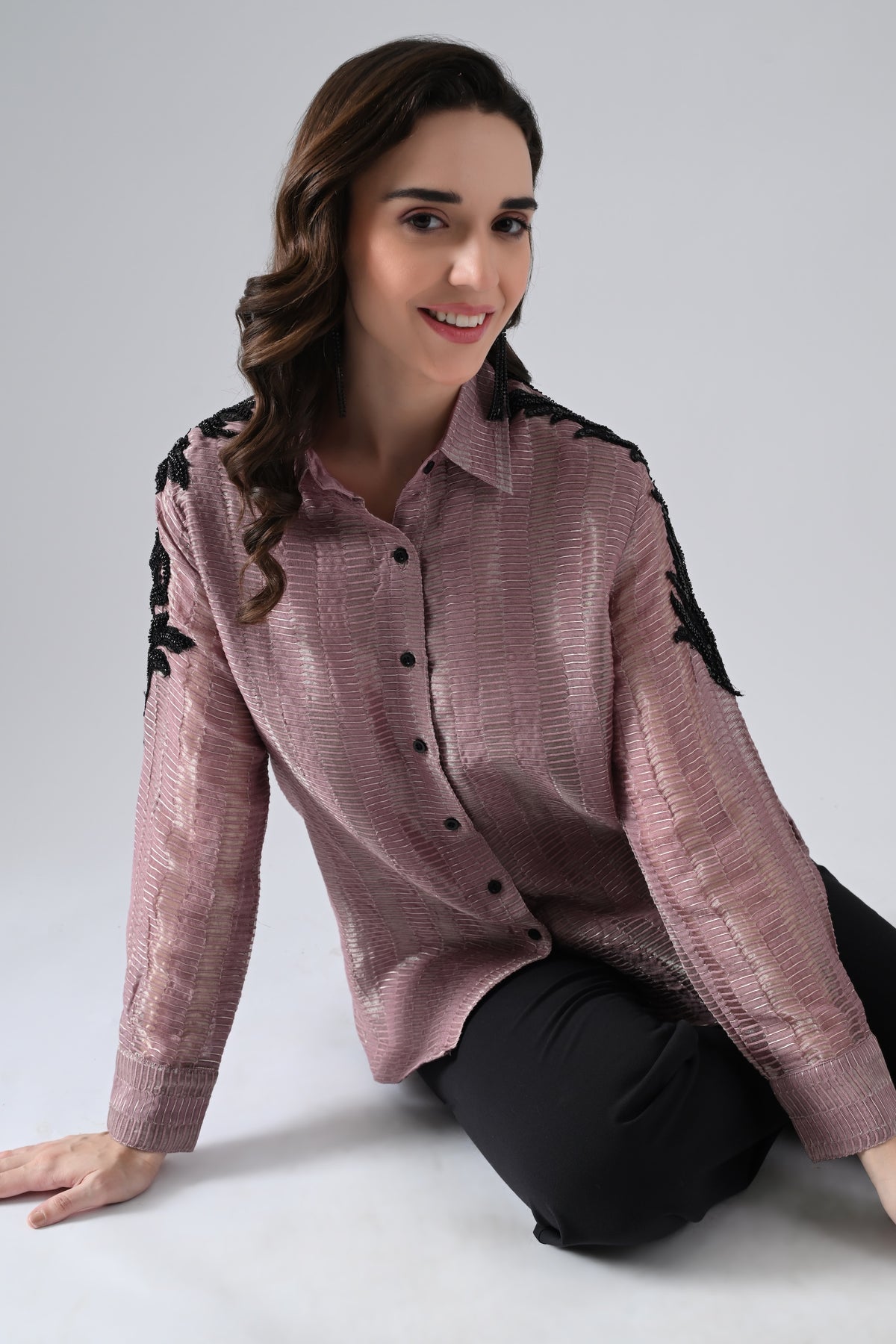 Wrinkled Salmon Pink Cotton Silk Shirt with Floral Motif on Sleeves