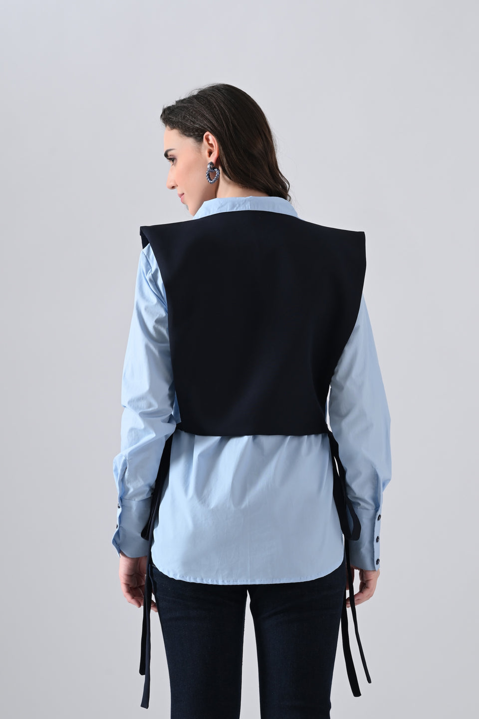 Light Blue Cotton Shirt with Blue Cape and Golden Button Highlight