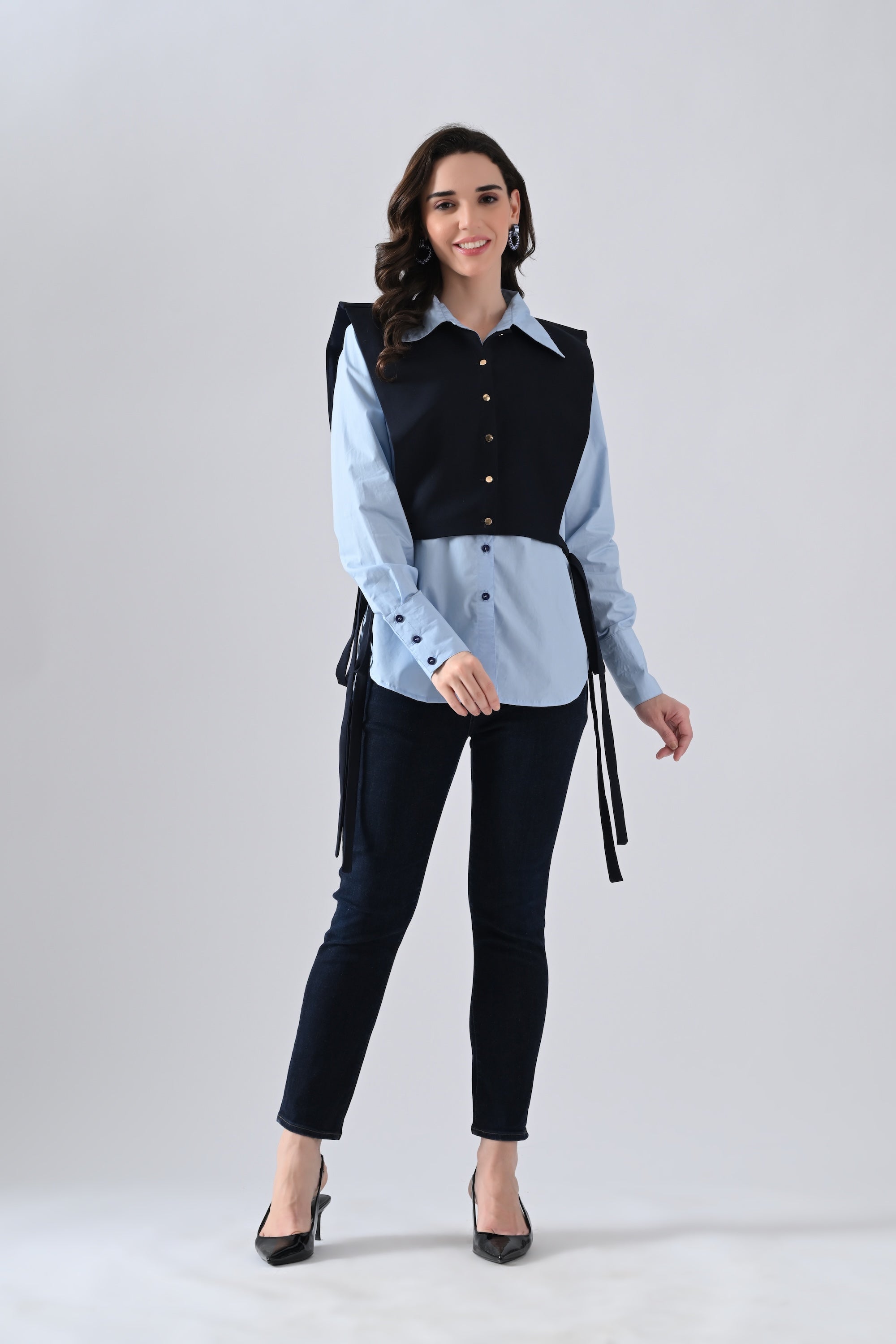 Light Blue Cotton Shirt with Blue Cape and Golden Button Highlight