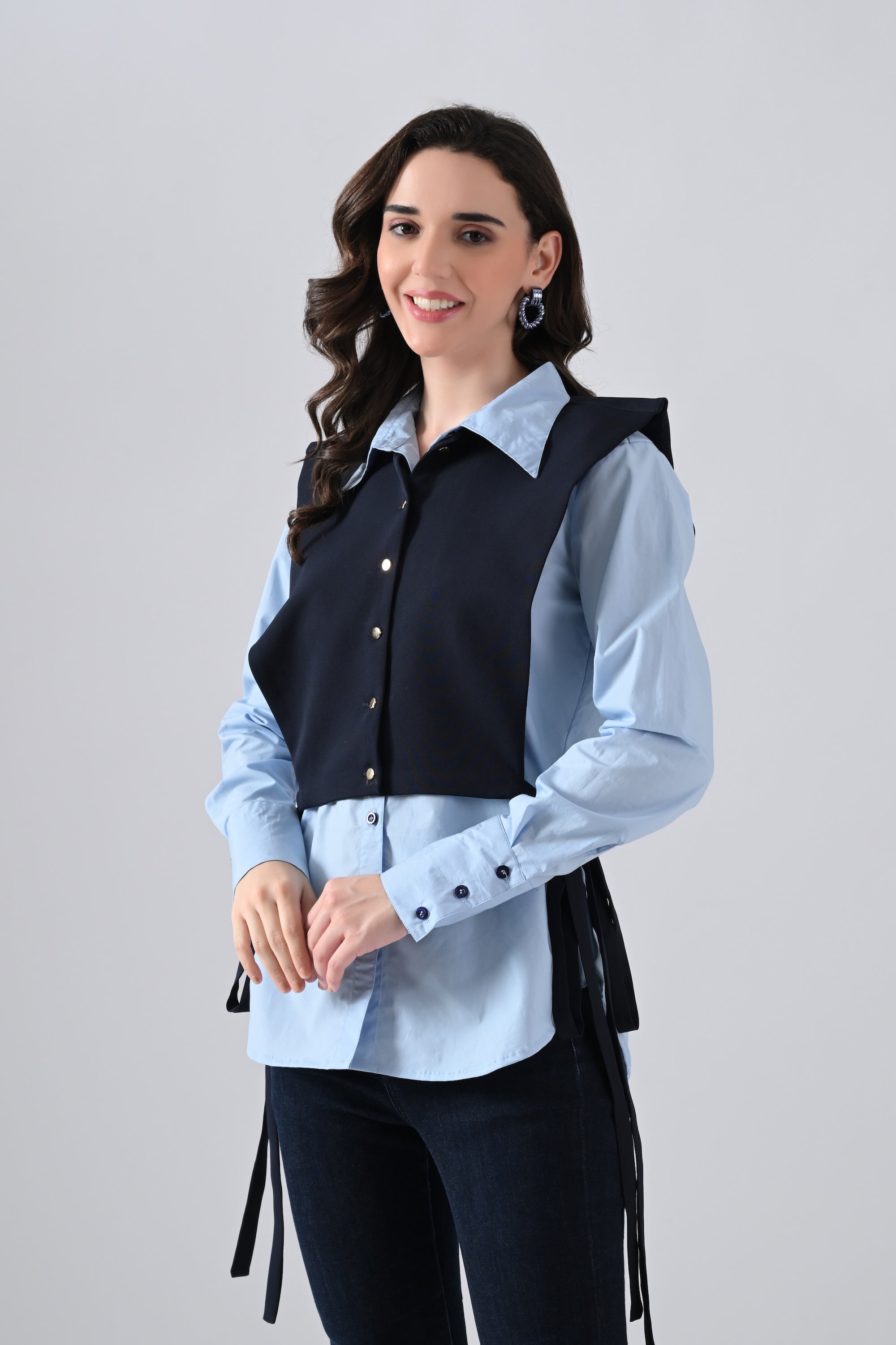 Light Blue Cotton Shirt with Blue Cape and Golden Button Highlight