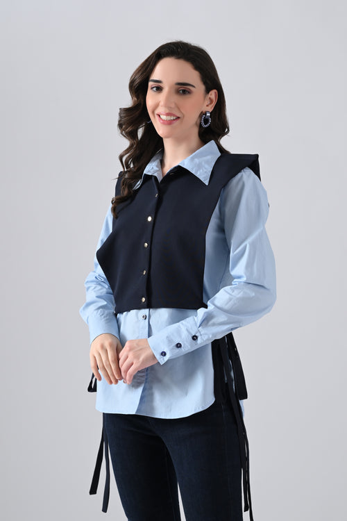 Light Blue Cotton Shirt with Blue Cape and Golden Button Highlight