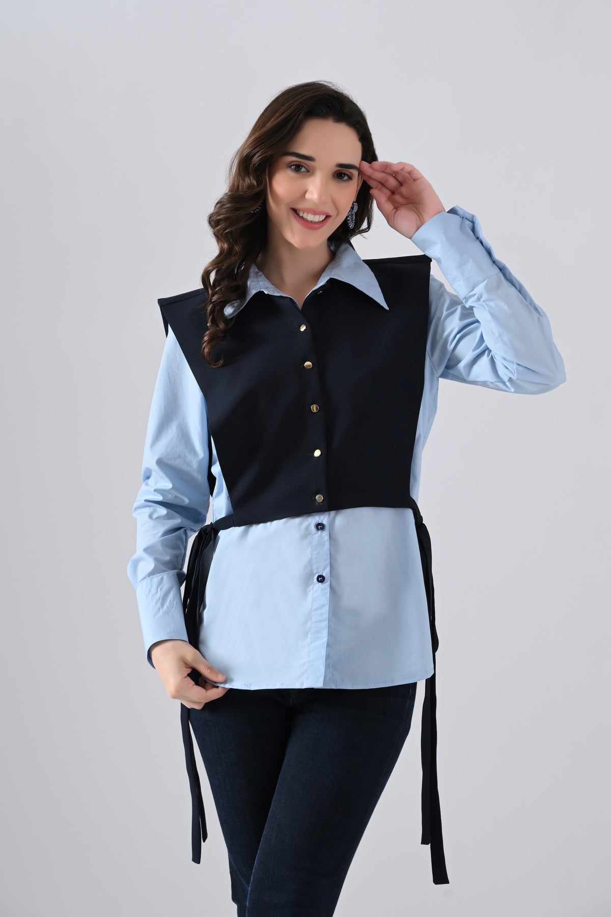 Light Blue Cotton Shirt with Blue Cape and Golden Button Highlight