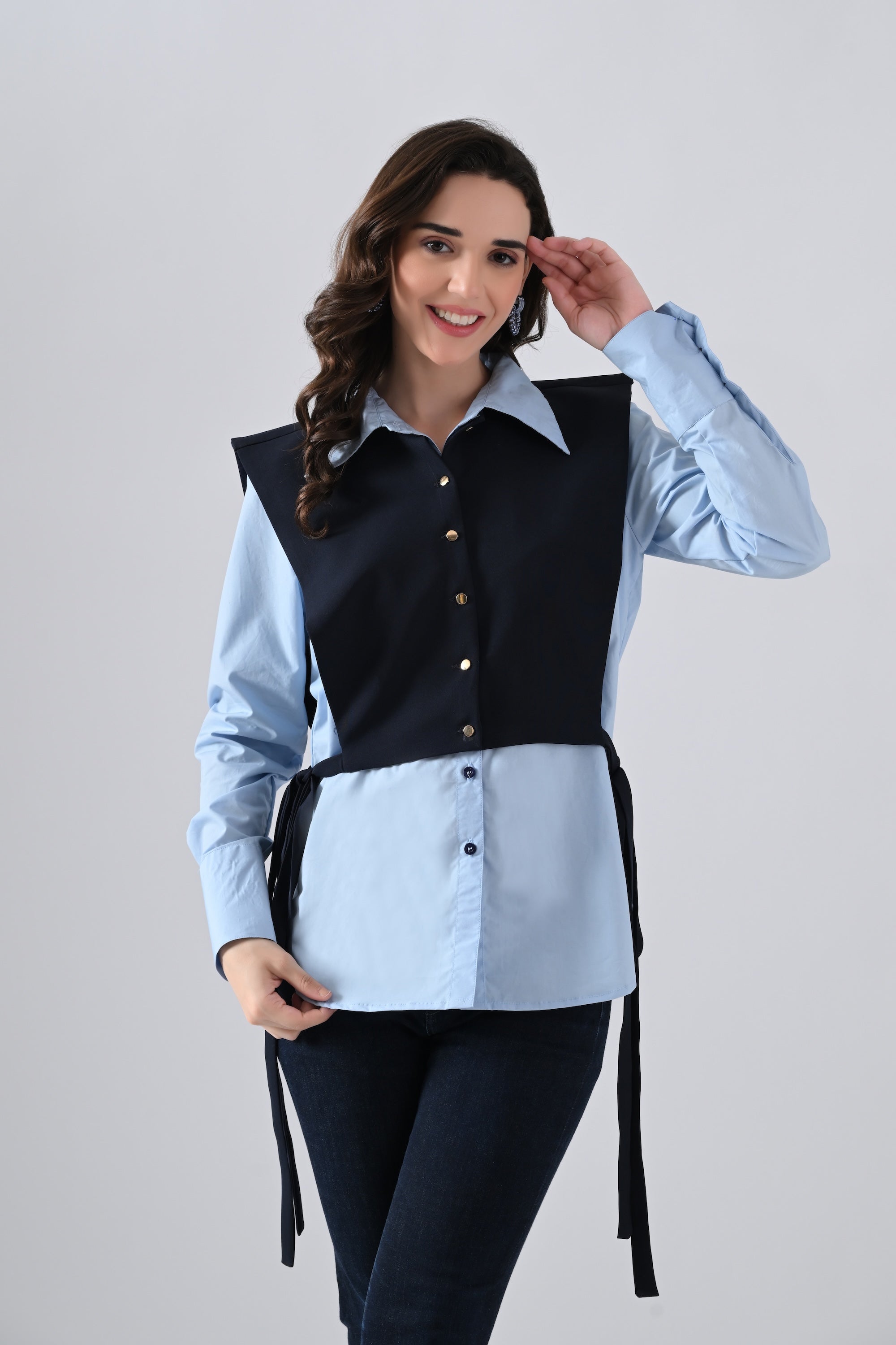 Light Blue Cotton Shirt with Blue Cape and Golden Button Highlight