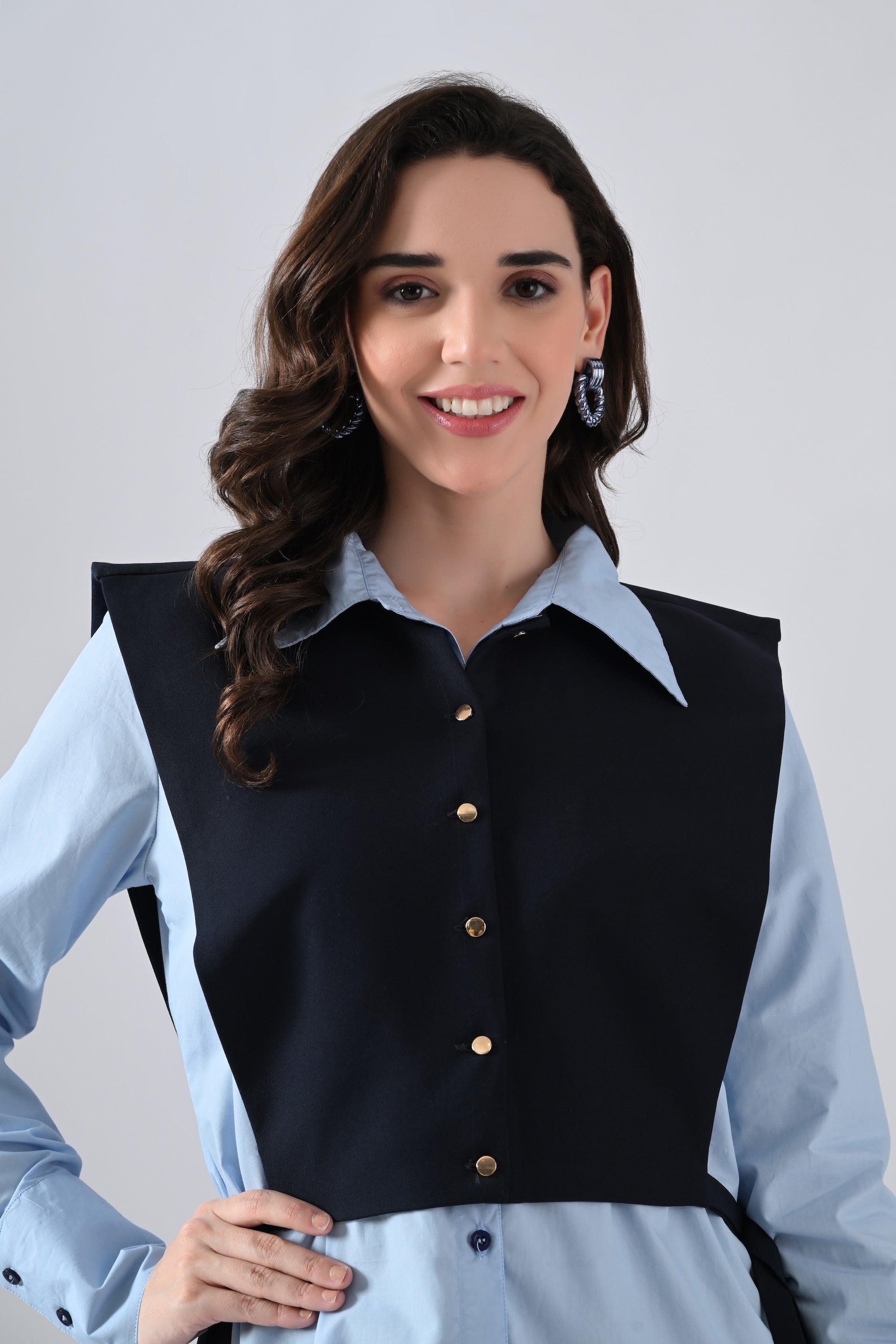 Light Blue Cotton Shirt with Blue Cape and Golden Button Highlight