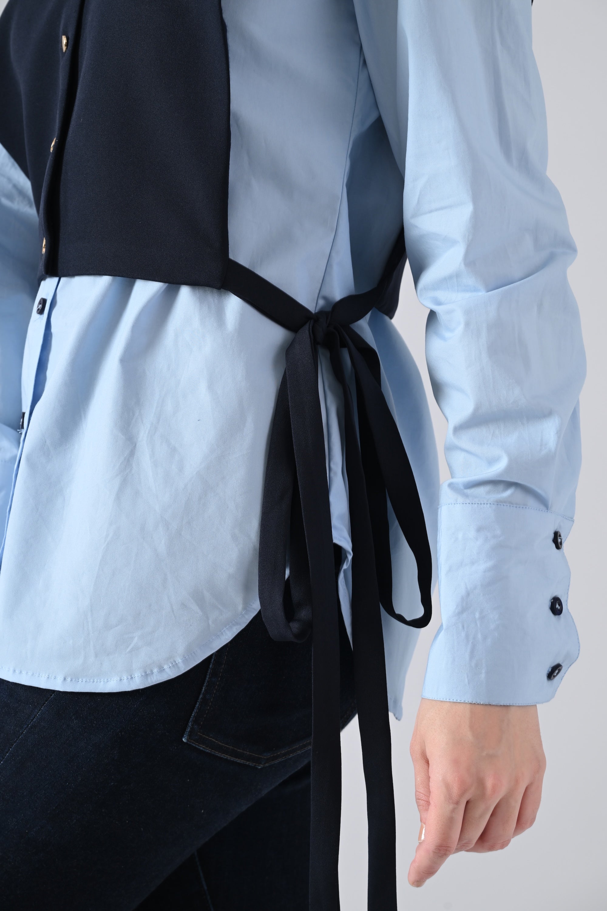 Light Blue Cotton Shirt with Blue Cape and Golden Button Highlight