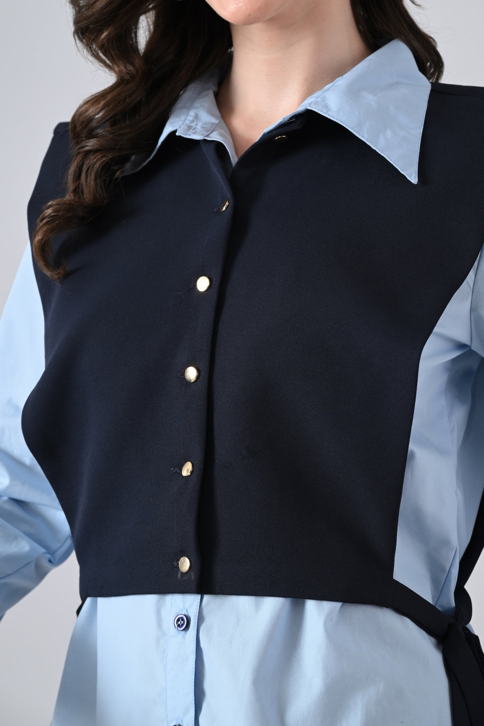 Light Blue Cotton Shirt with Blue Cape and Golden Button Highlight