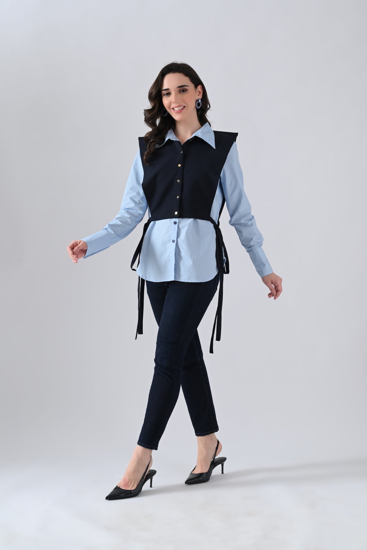 Light Blue Cotton Shirt with Blue Cape and Golden Button Highlight