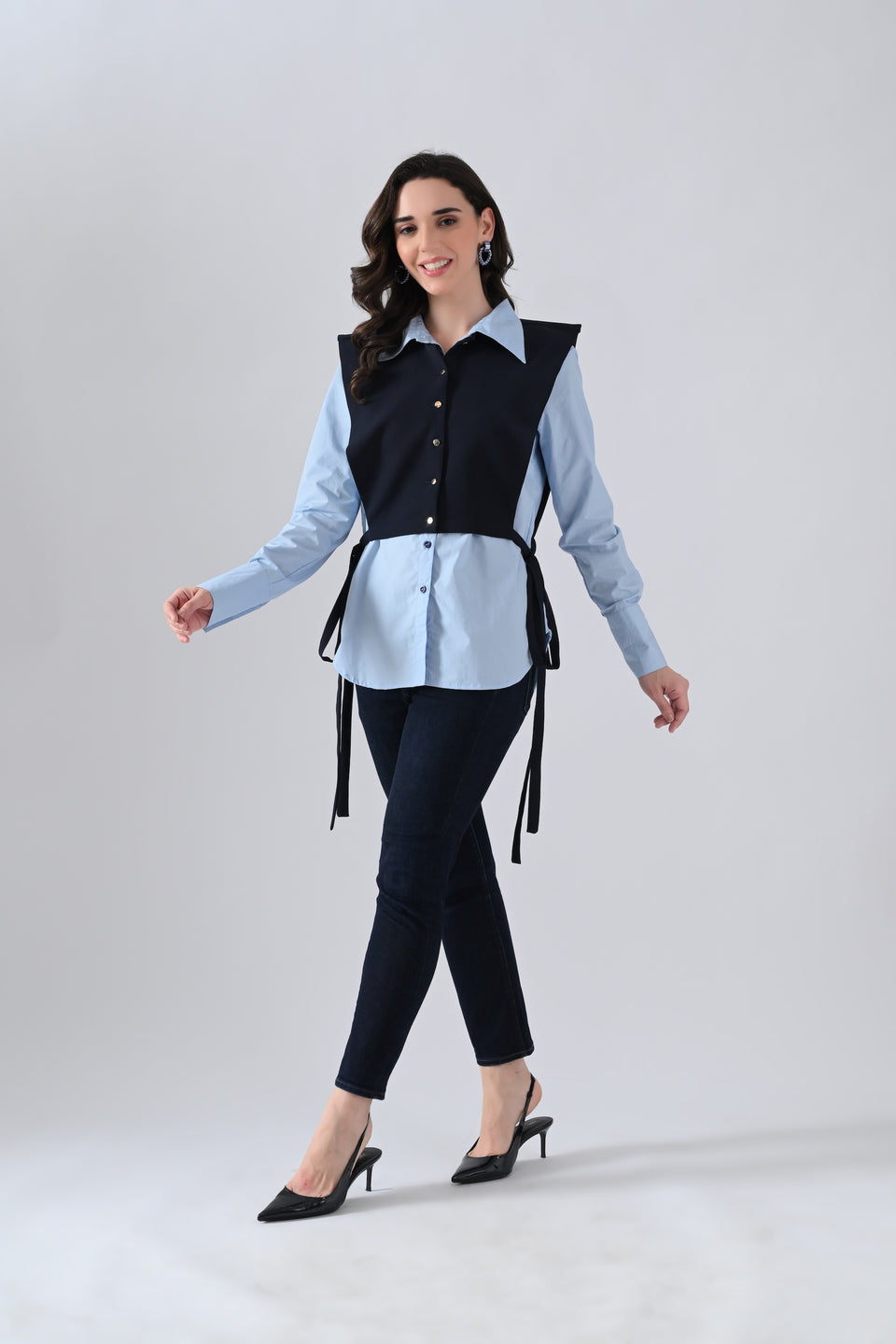 Light Blue Cotton Shirt with Blue Cape and Golden Button Highlight