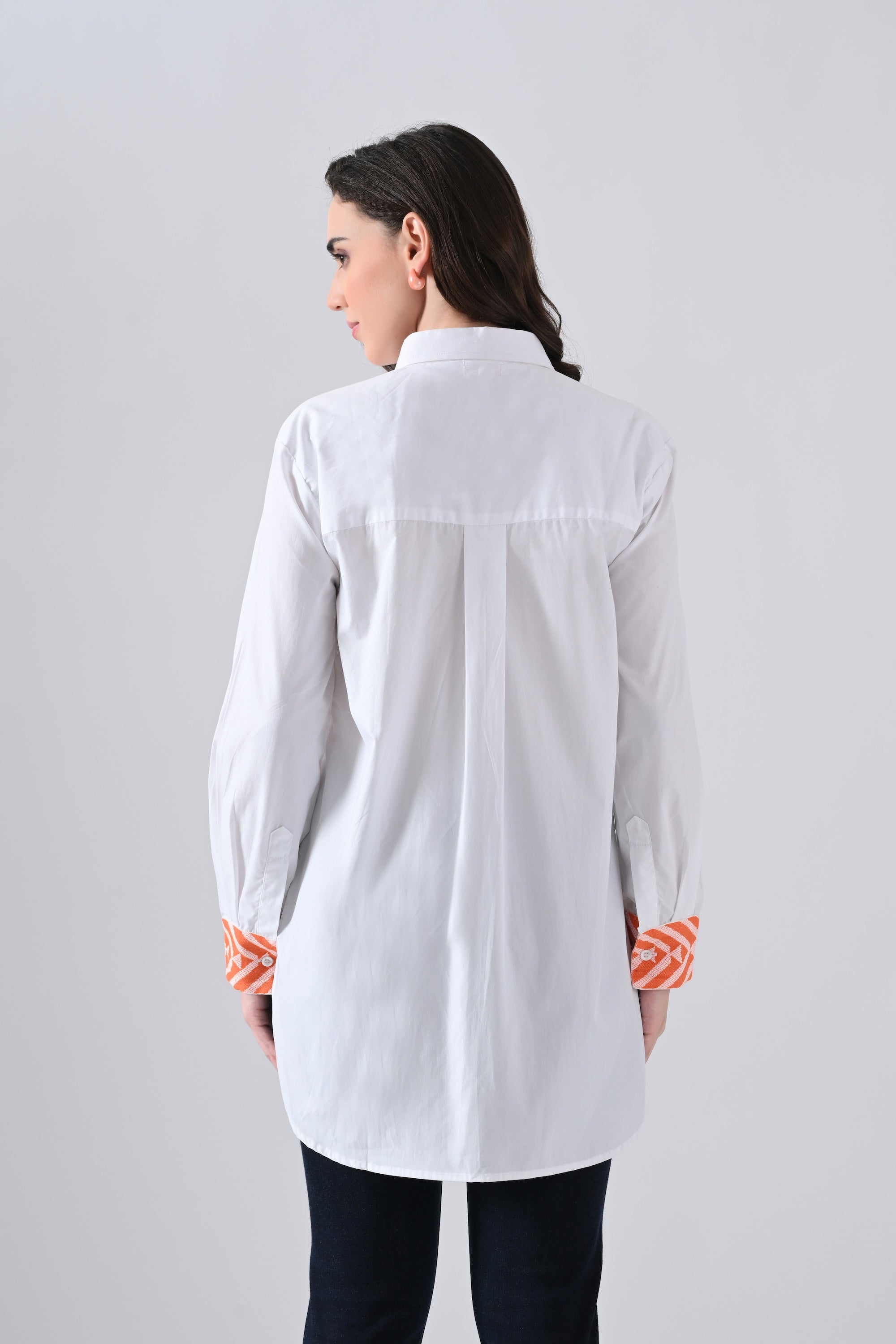 White Cotton Shirt with Orange Lace Detailing