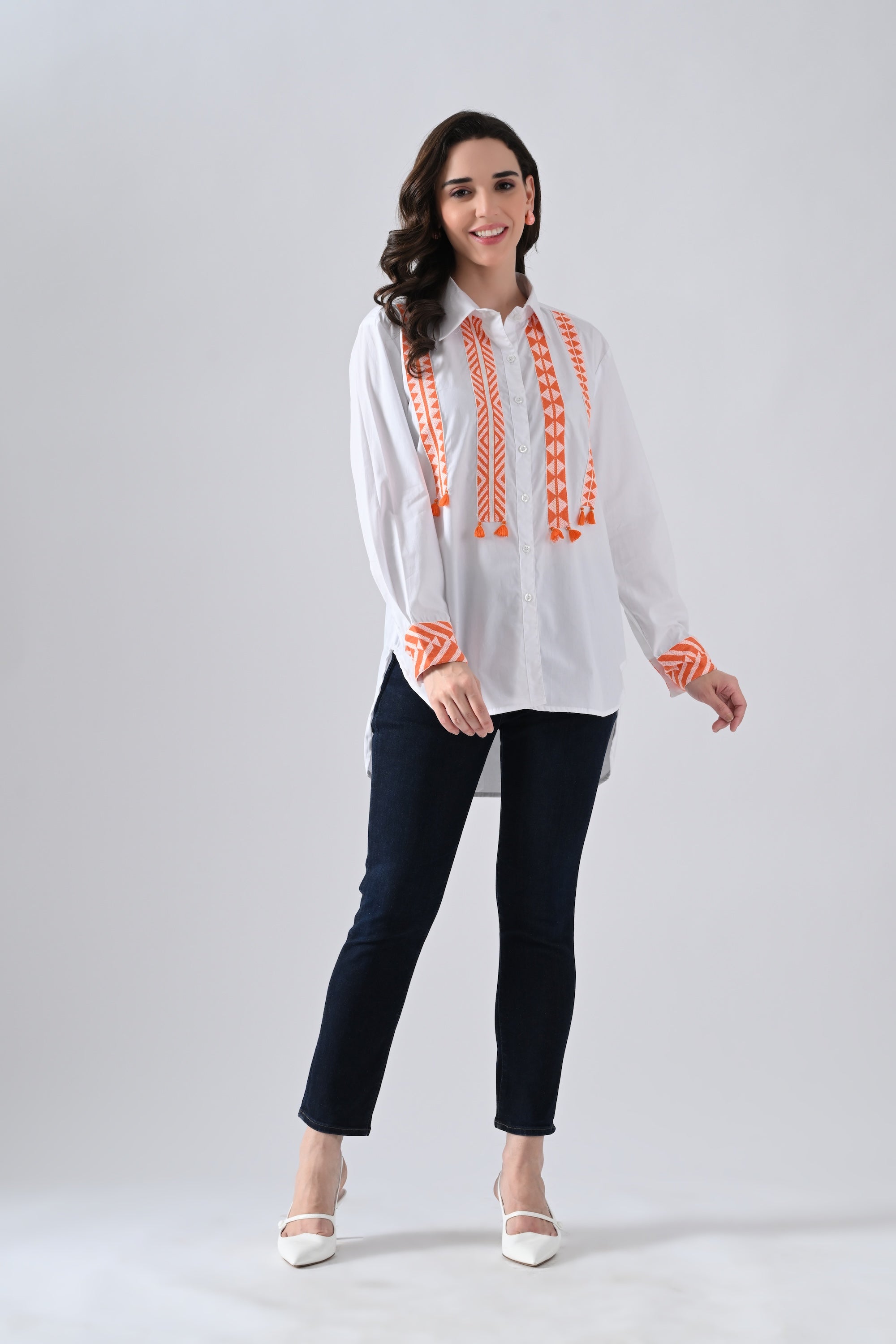 White Cotton Shirt with Orange Lace Detailing