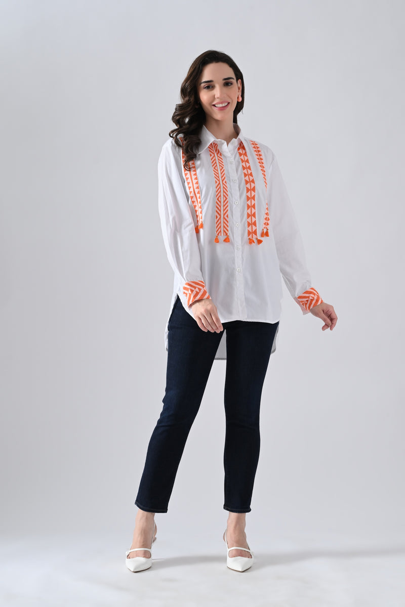 White Cotton Shirt with Orange Lace Detailing