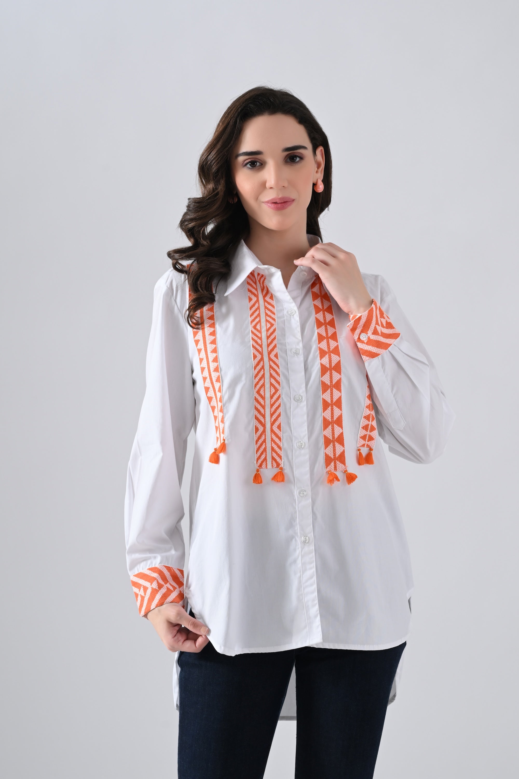 White Cotton Shirt with Orange Lace Detailing