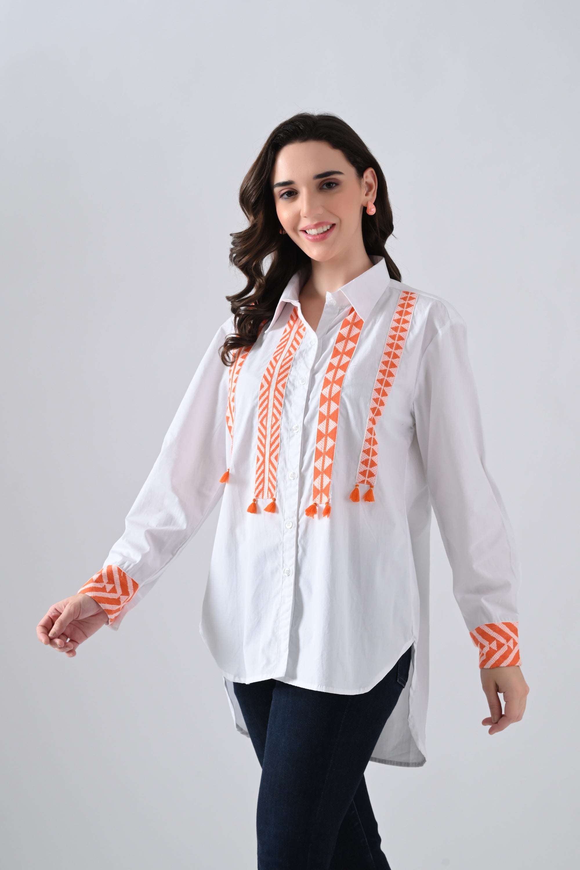 White Cotton Shirt with Orange Lace Detailing