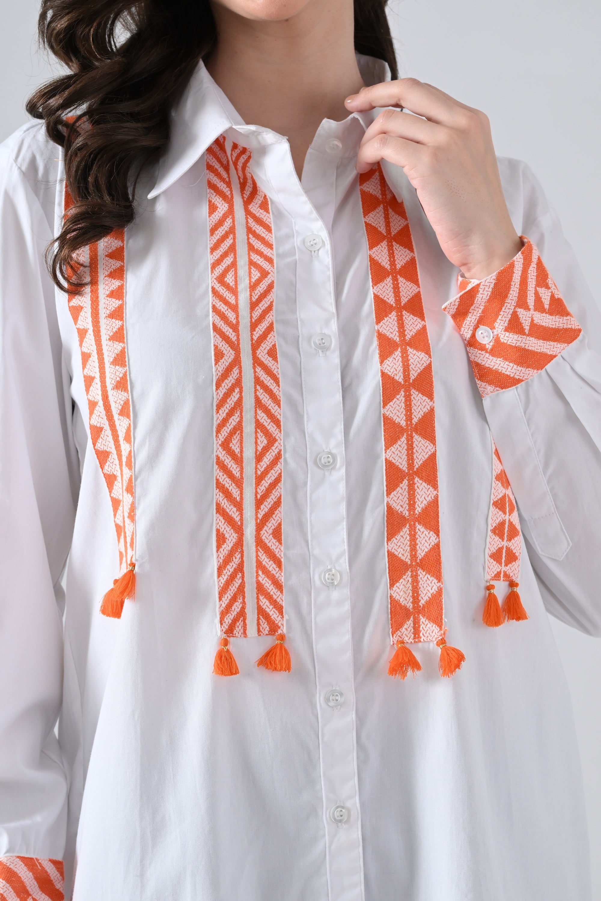 White Cotton Shirt with Orange Lace Detailing