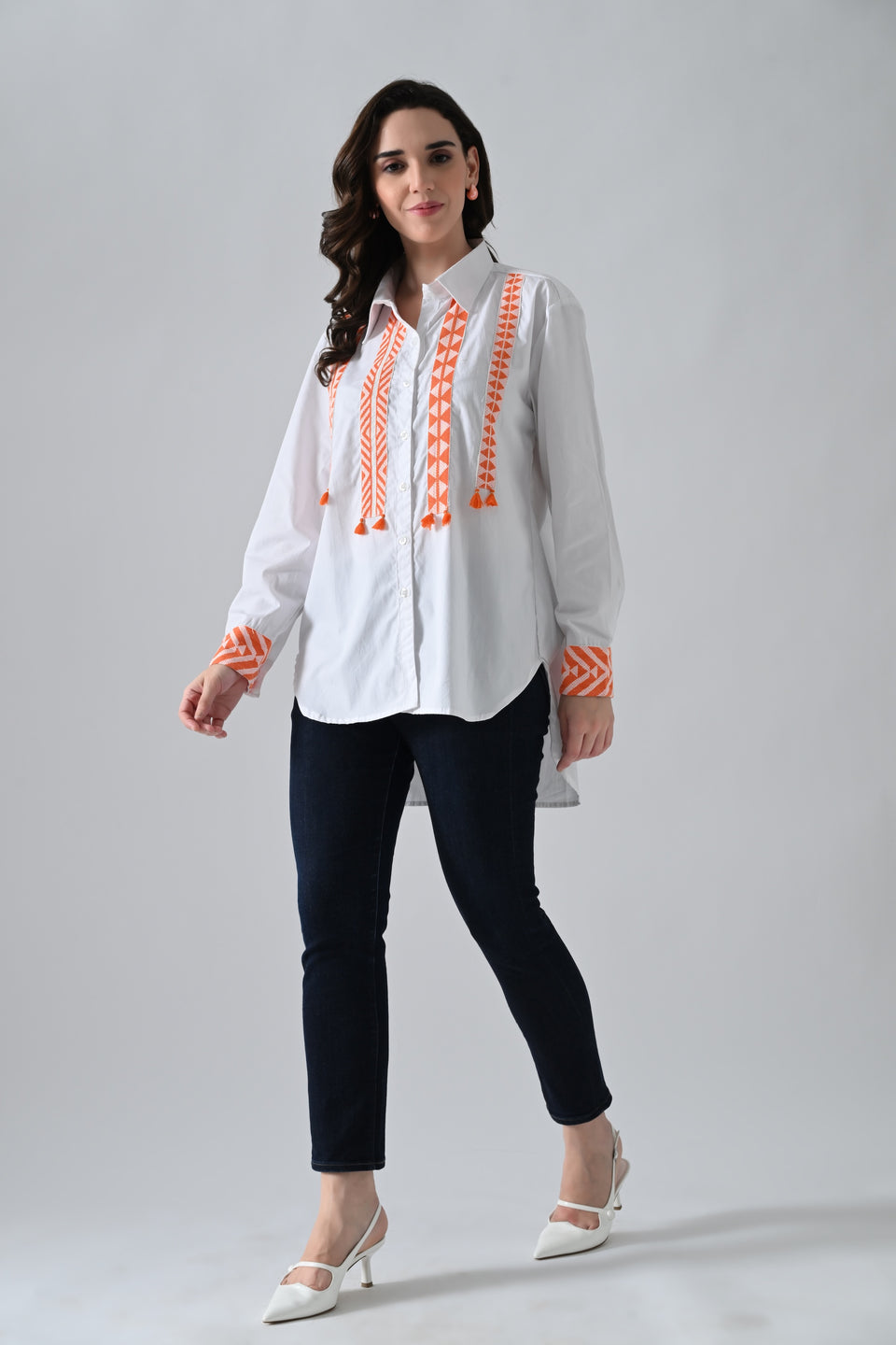 White Cotton Shirt with Orange Lace Detailing